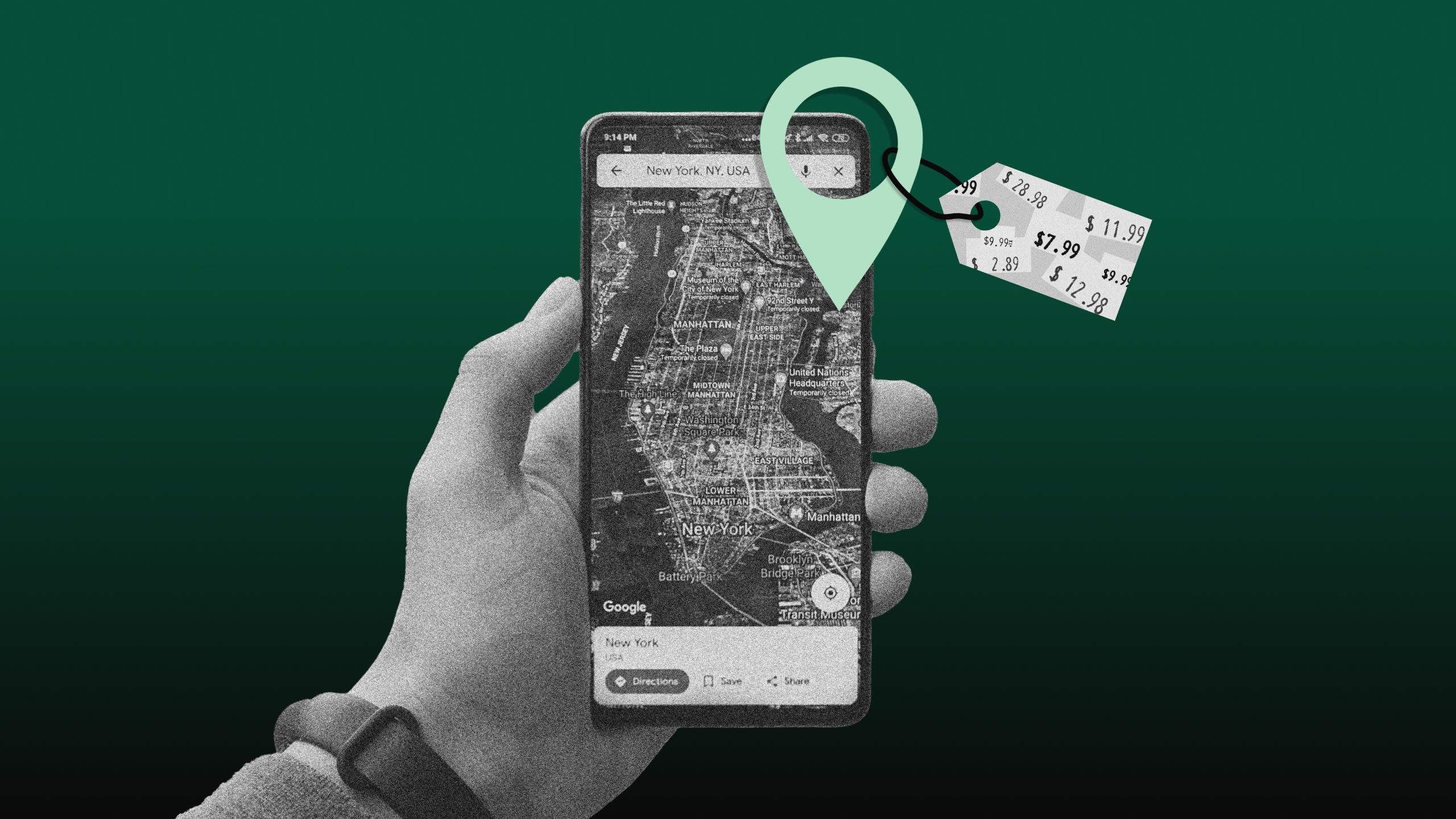 Photo illustration of Google Maps on a phone screen with a location pin and price tag popping out