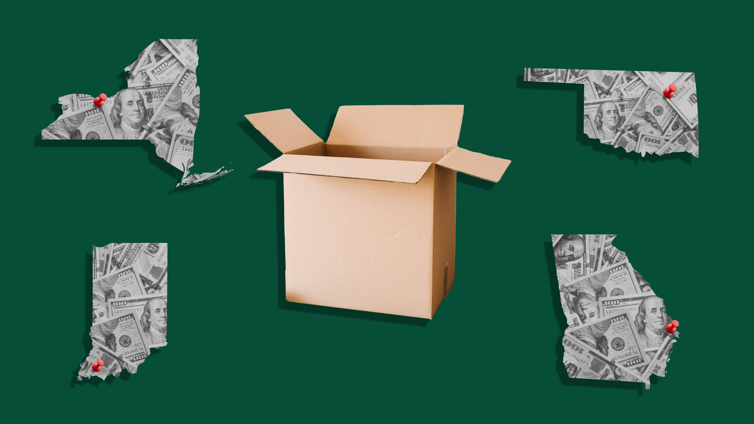Photo illustration of Rochester NY, Tulsa OK, Evansville IN, and Savannah GA surrounding a moving box.