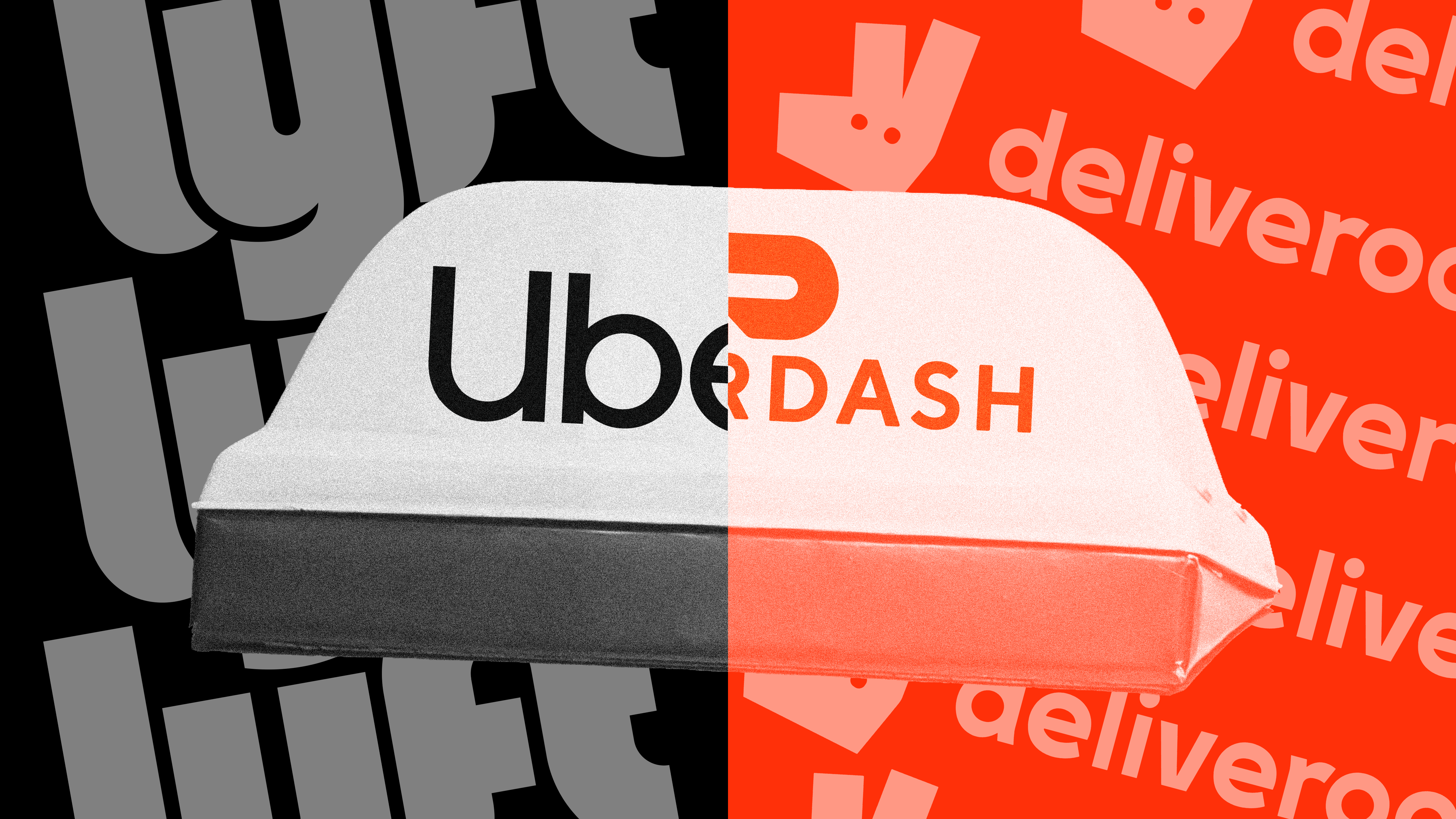 Photo illustration of a car roof sign showing half of an Uber logo and half of a DoorDash logo, symbolizing the struggle of balancing multiple jobs that gig economy workers endure