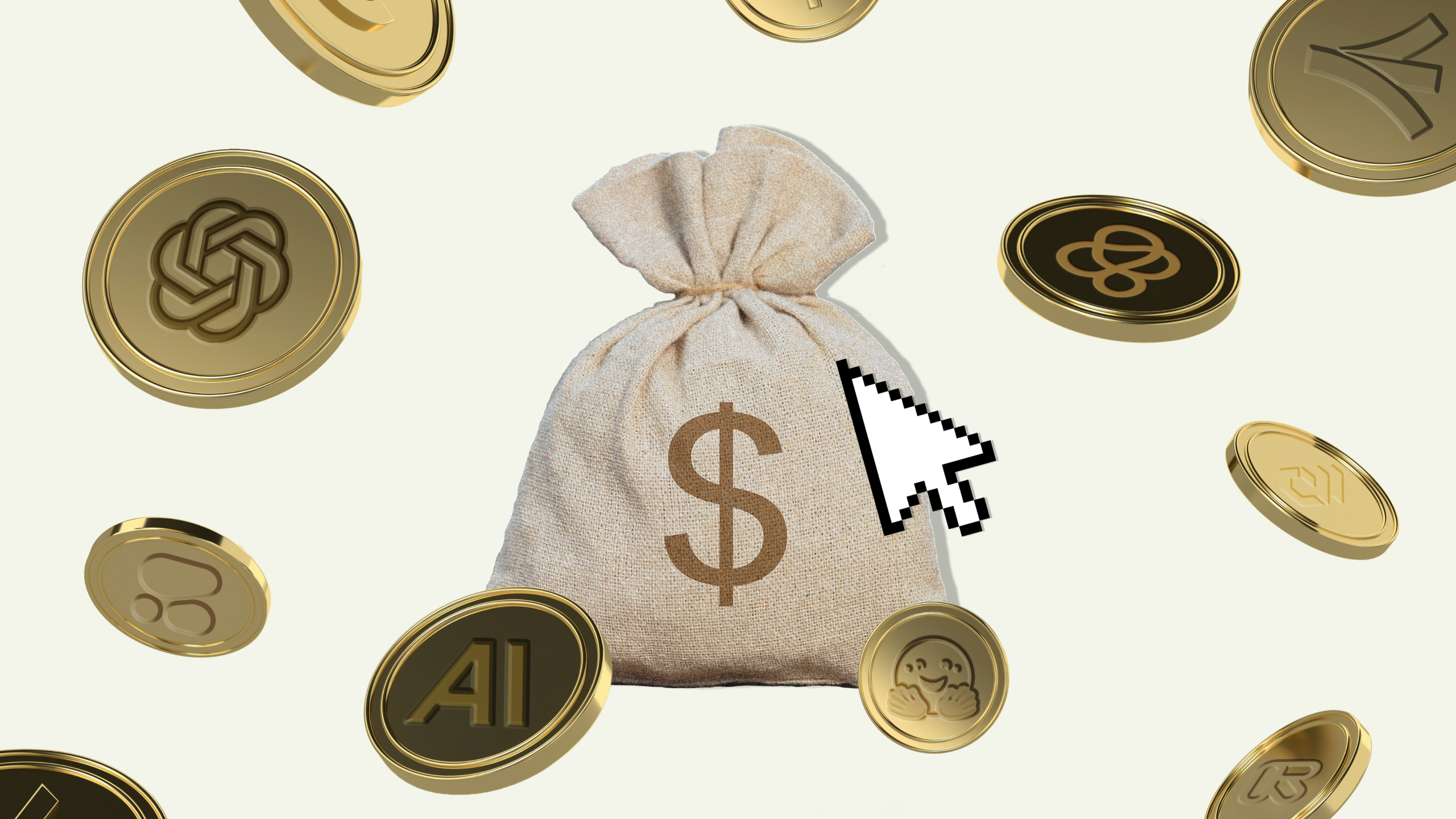 Photo illustration of a bag of money with gold coins in the foreground displaying various AI startup logos