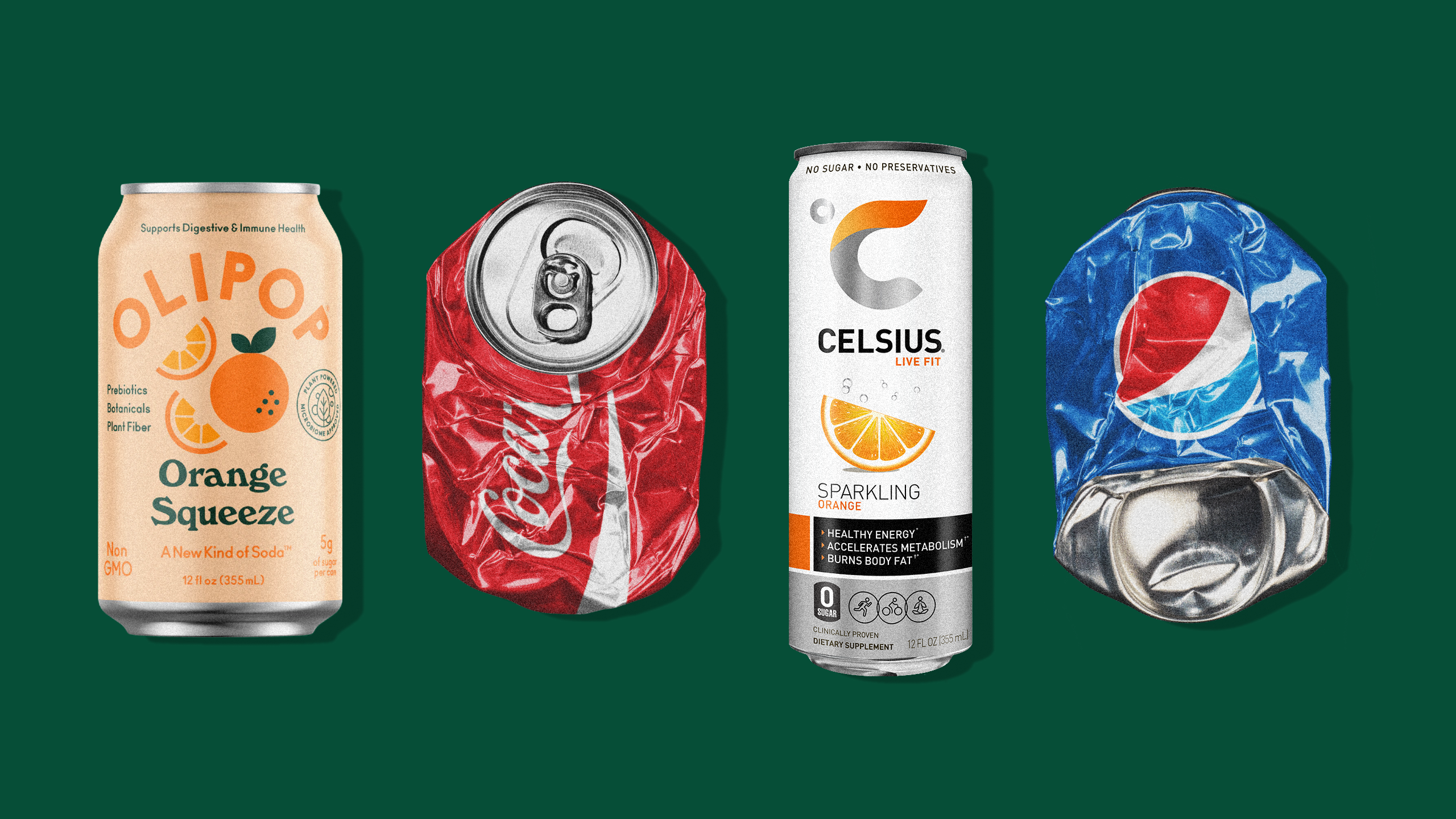 Photo illustration of an Olipop can, a crushed Coca-Cola can, a Celsius can, and a crushed Pepsi can to symbolize the booming "healthy" drink brands taking a bite out of traditional soda brands