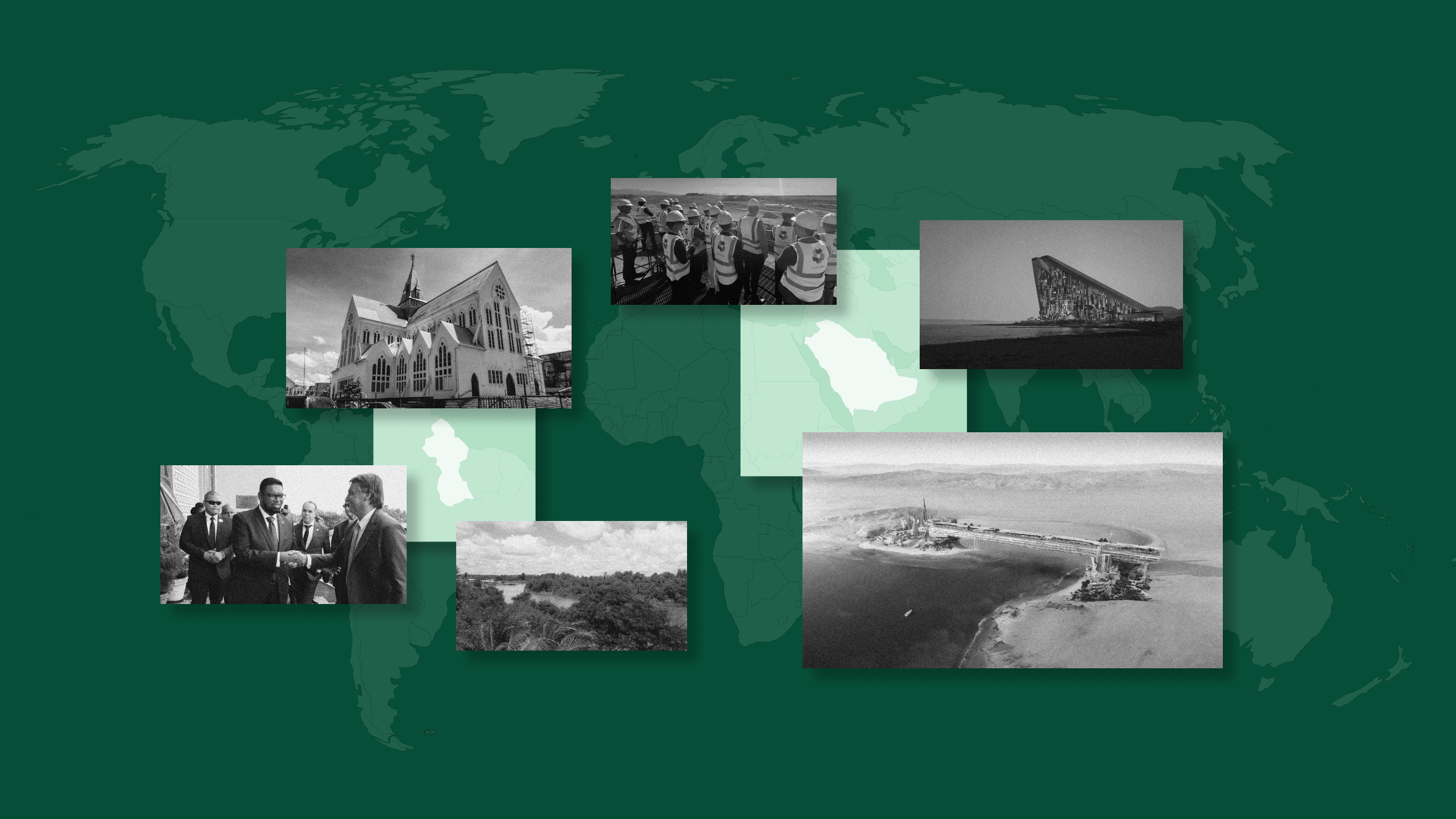 Photo illustration of a world map highlighting the development of megacities in Guyana and Saudi Arabia