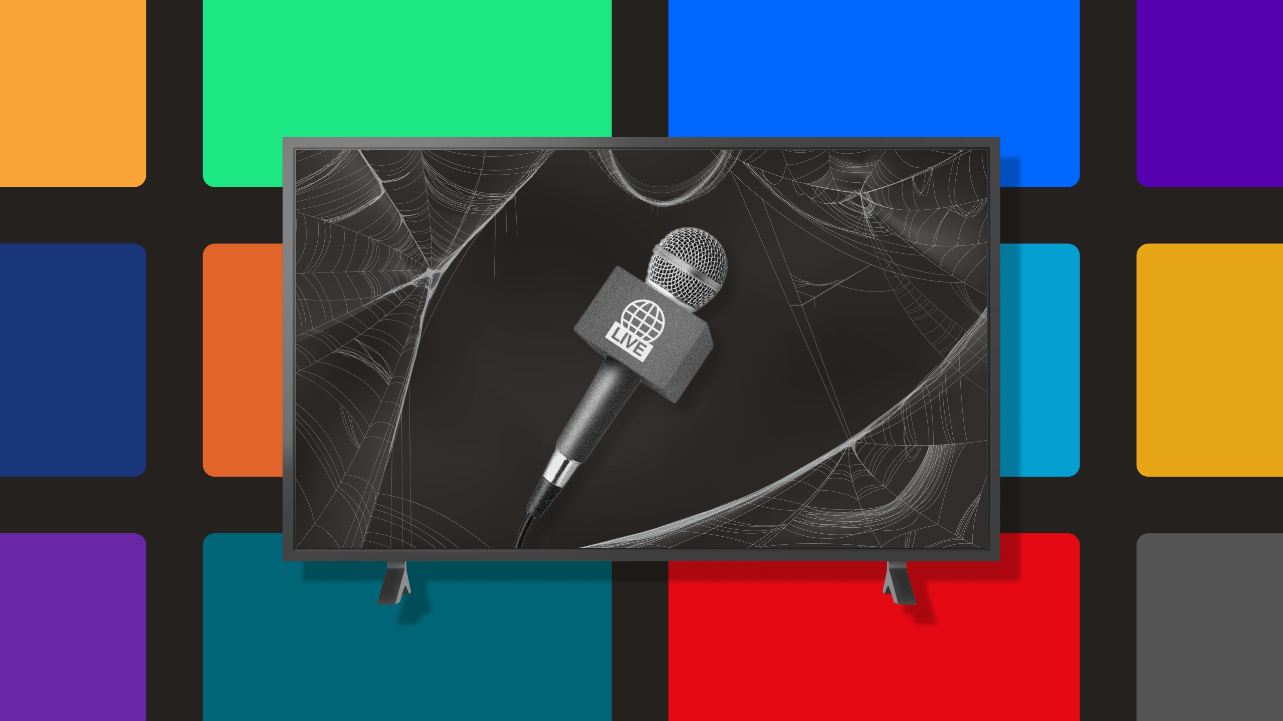 Photo illustration of a press microphone on a TV screen covered in cobwebs, in front of colorful tiles representing various streaming services