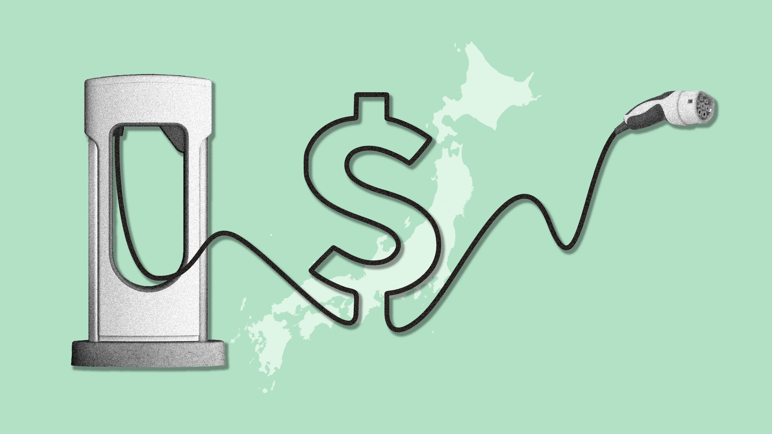 Photo illustration of an electric vehicle charger with the cord depicting a dollar sign, in front of a map of Japan