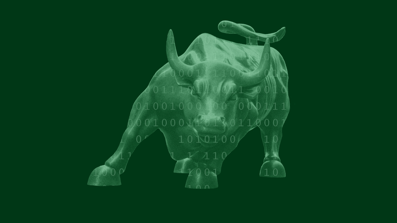 Photo illustration of the Wall Street Charging Bull statue with binary code overlaid on top, symbolizing the introduction of AI into Wall Street banks