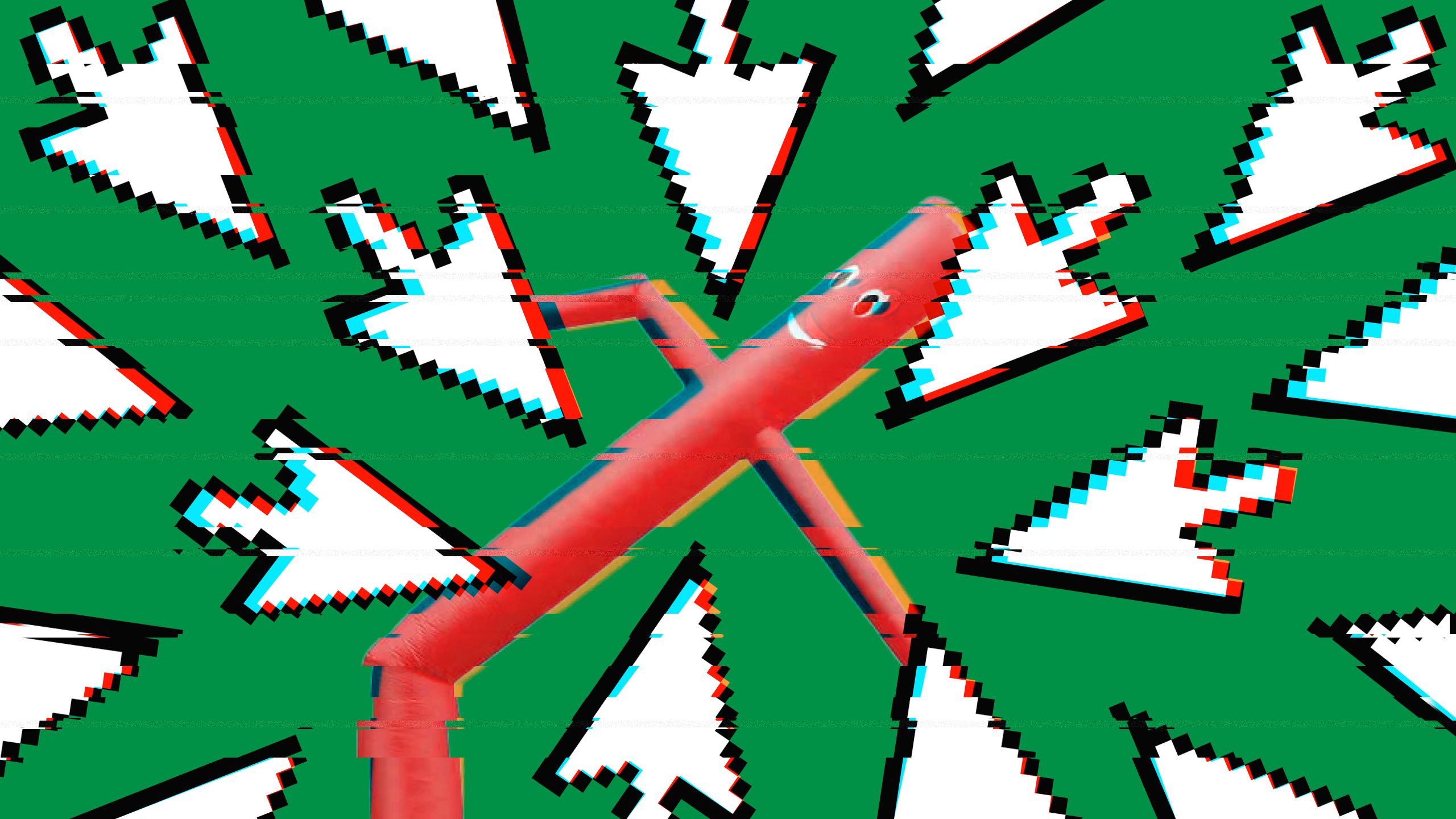 Photo illustration of distorted computer cursors pointing at an inflatable tube, symbolizing the cyber attacks on software used by car dealerships