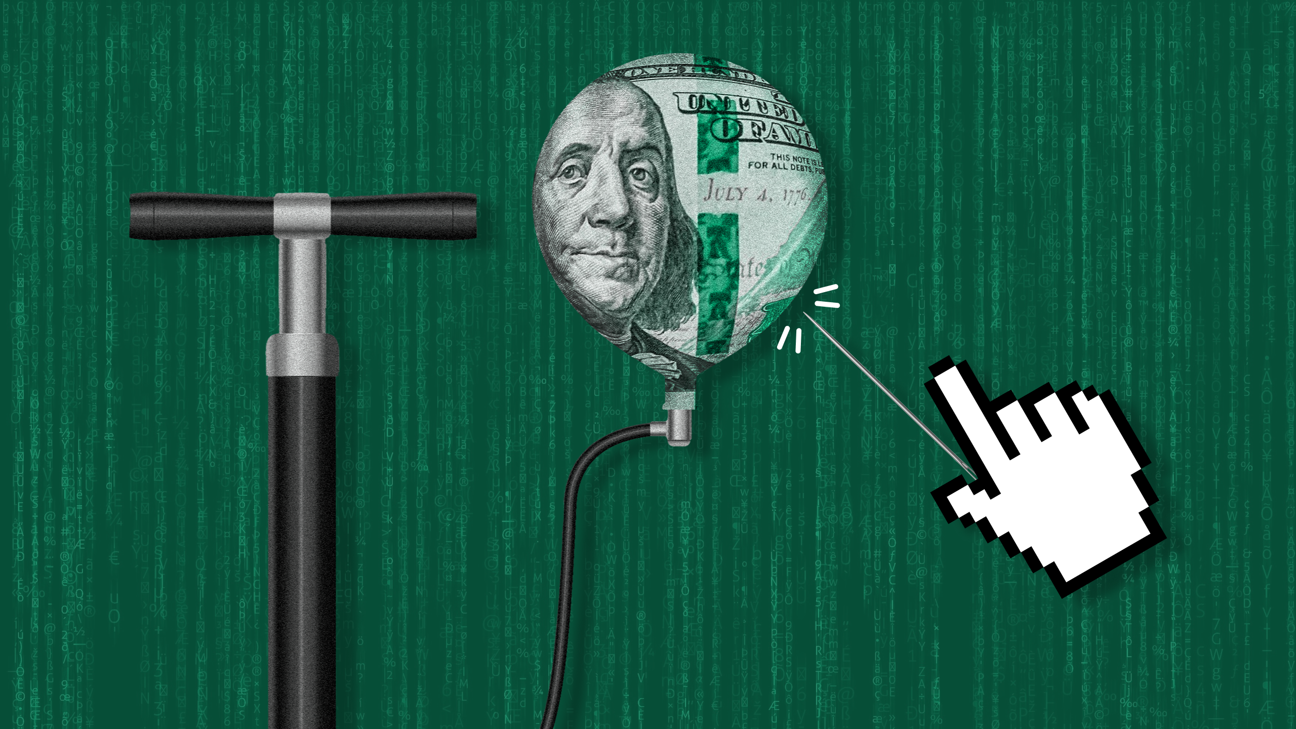 Photo illustration of an inflated money balloon being popped by a computer mouse icon holding a needle