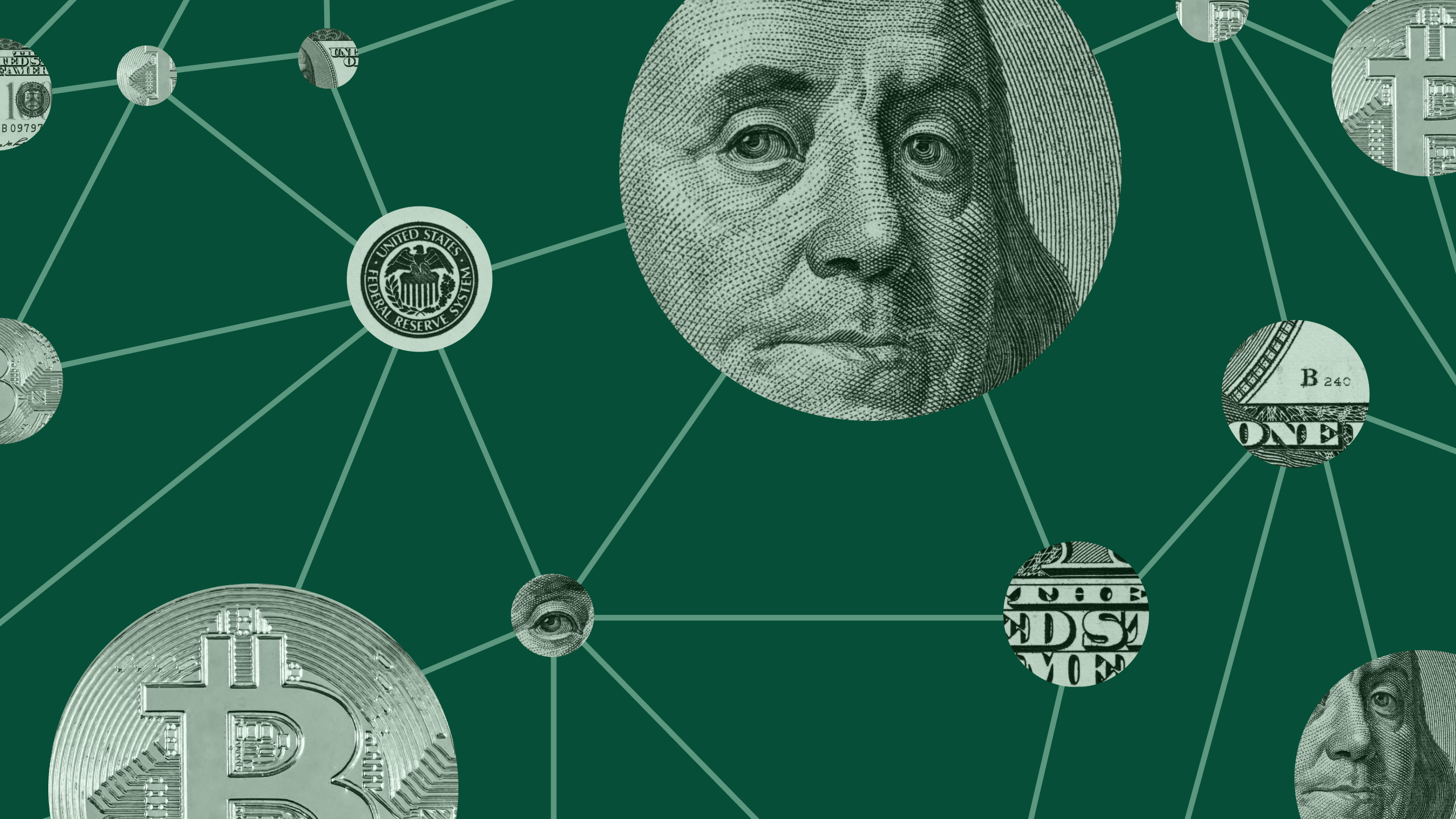 Photo illustration of hundred dollar bills and Bitcoin coins in circles being connected