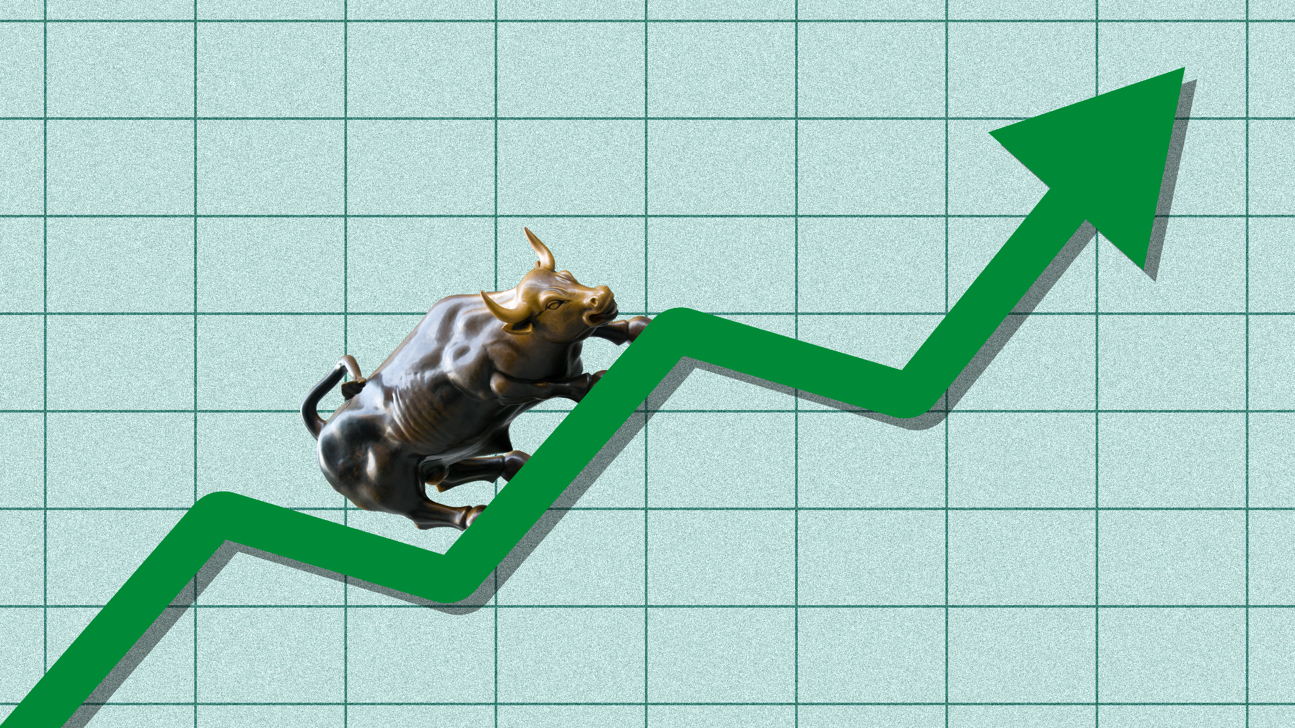 Photo illustration of the Wall Street bull statue climbing a stock chart arrow