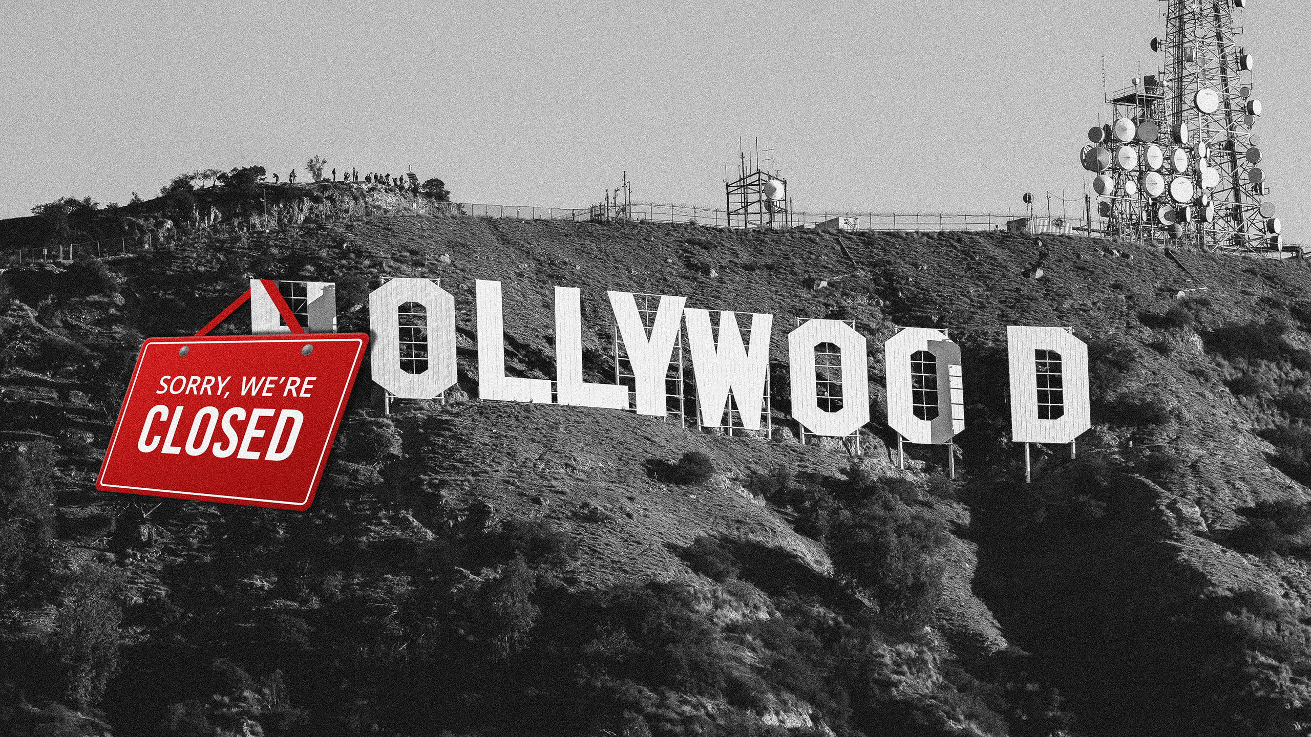 Photo illustration of the Hollywood sign in Los Angeles with a "Sorry we're closed" sign hanging from it
