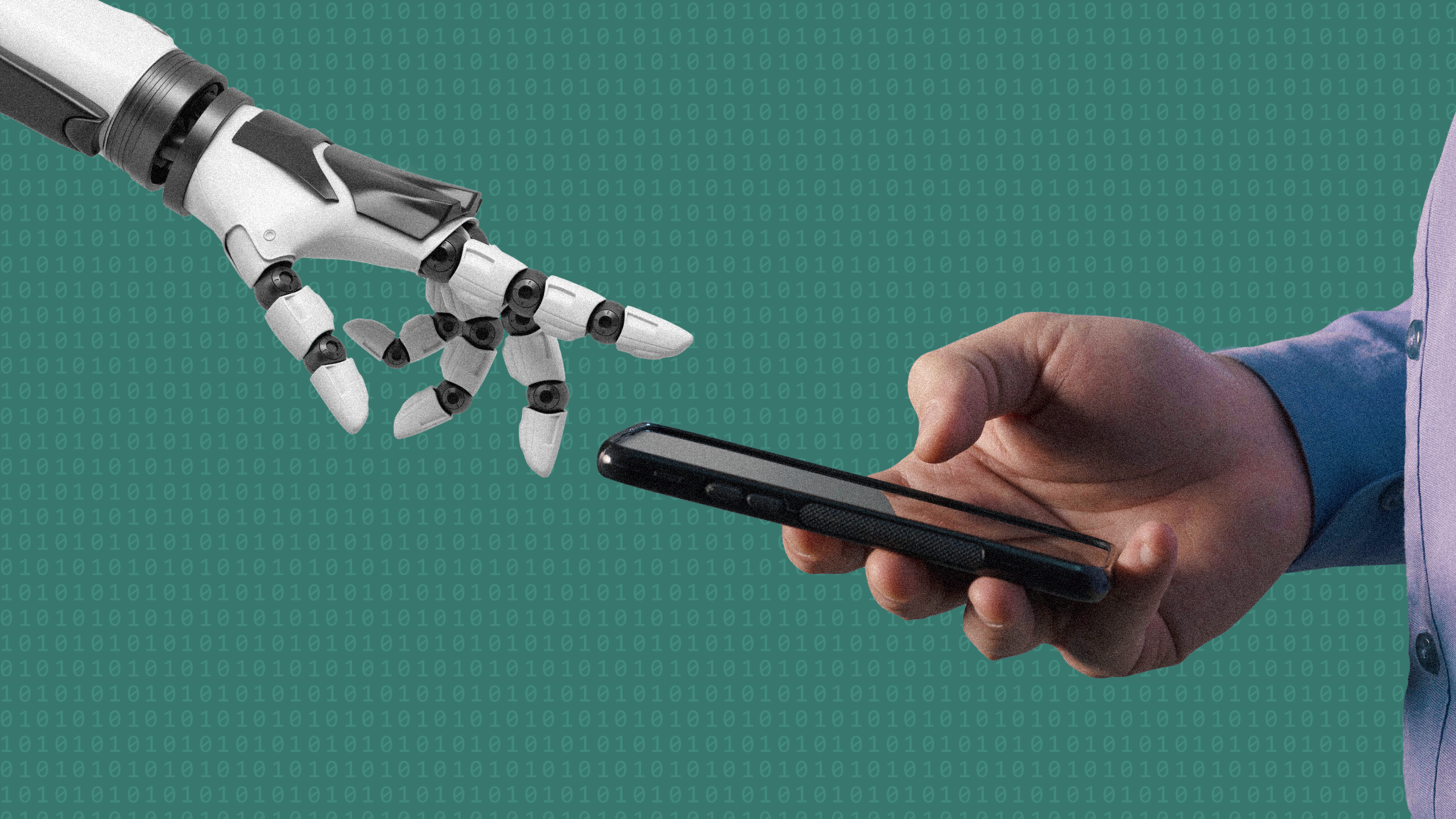 Photo illustration of a robotic hand reaching for a person holding a smartphone