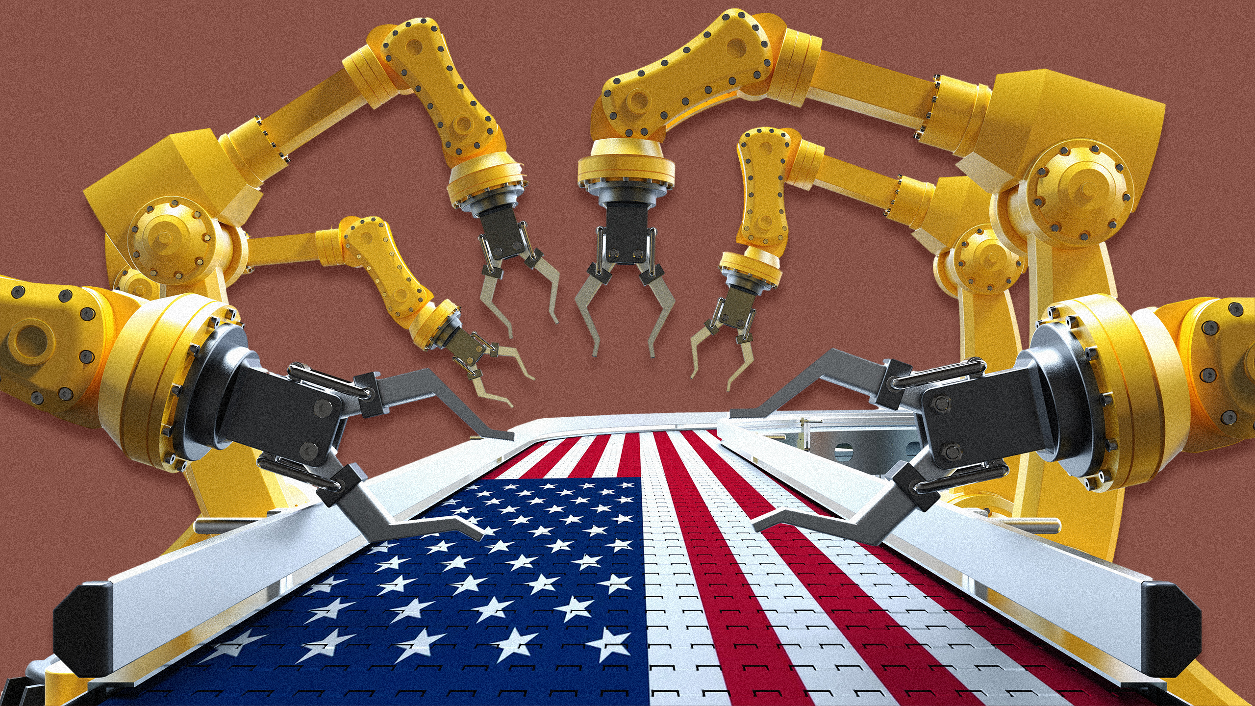 Photo illustration of a manufacturing assembly line with an American flag overlaid on the assembly line