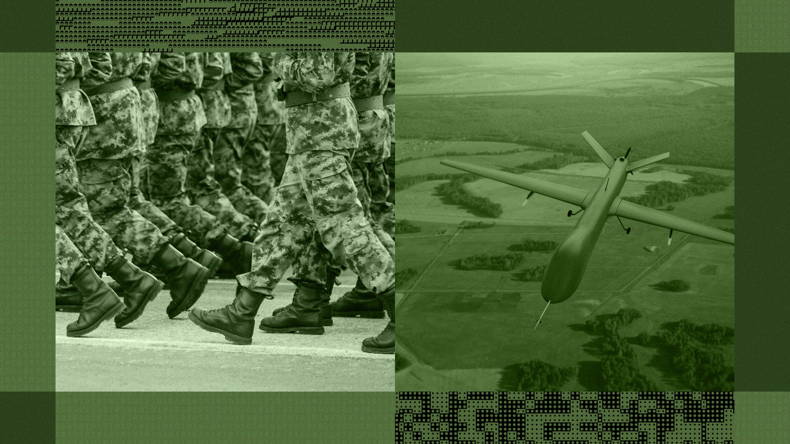 Photo illustration of military soldiers and a military drone