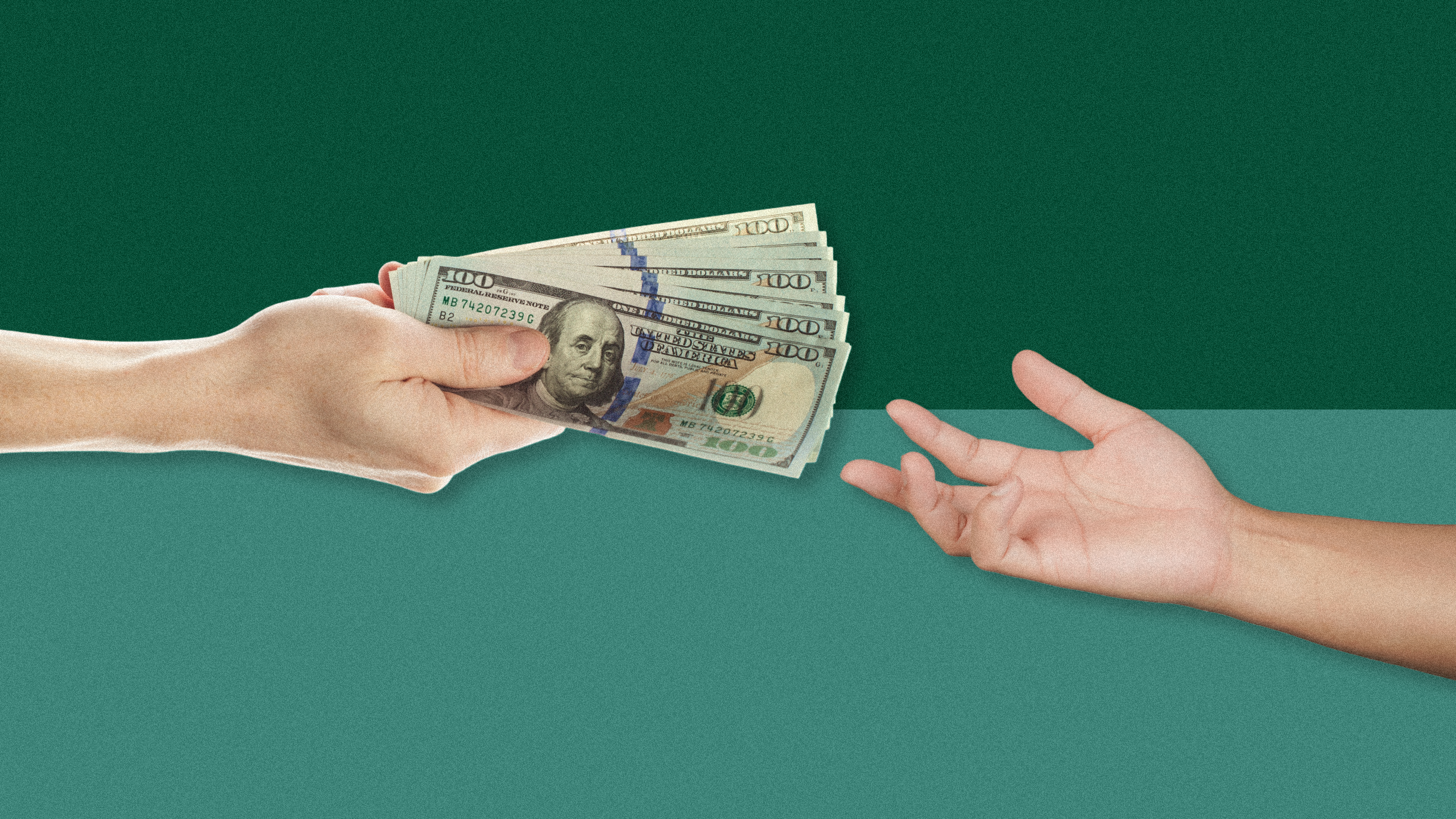 Photo of a hand reaching out to a hand offering money