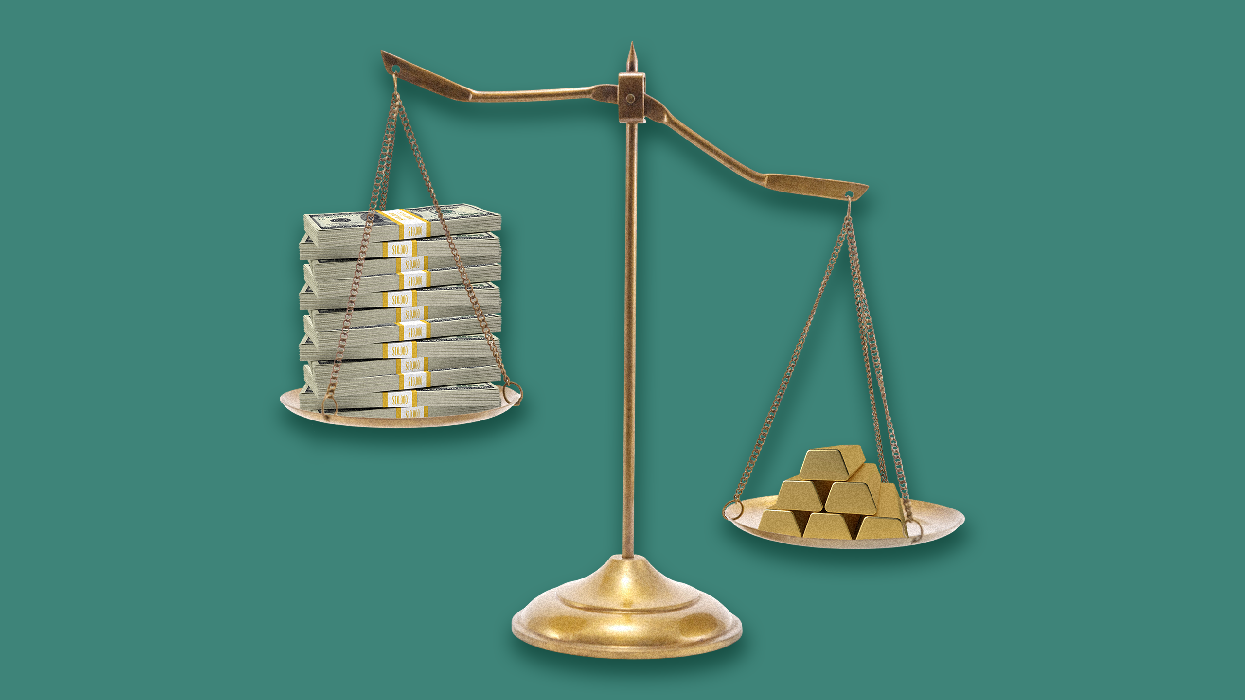 Photo illustration of a stack of money on one side of a scale and a pile of gold bars on the other