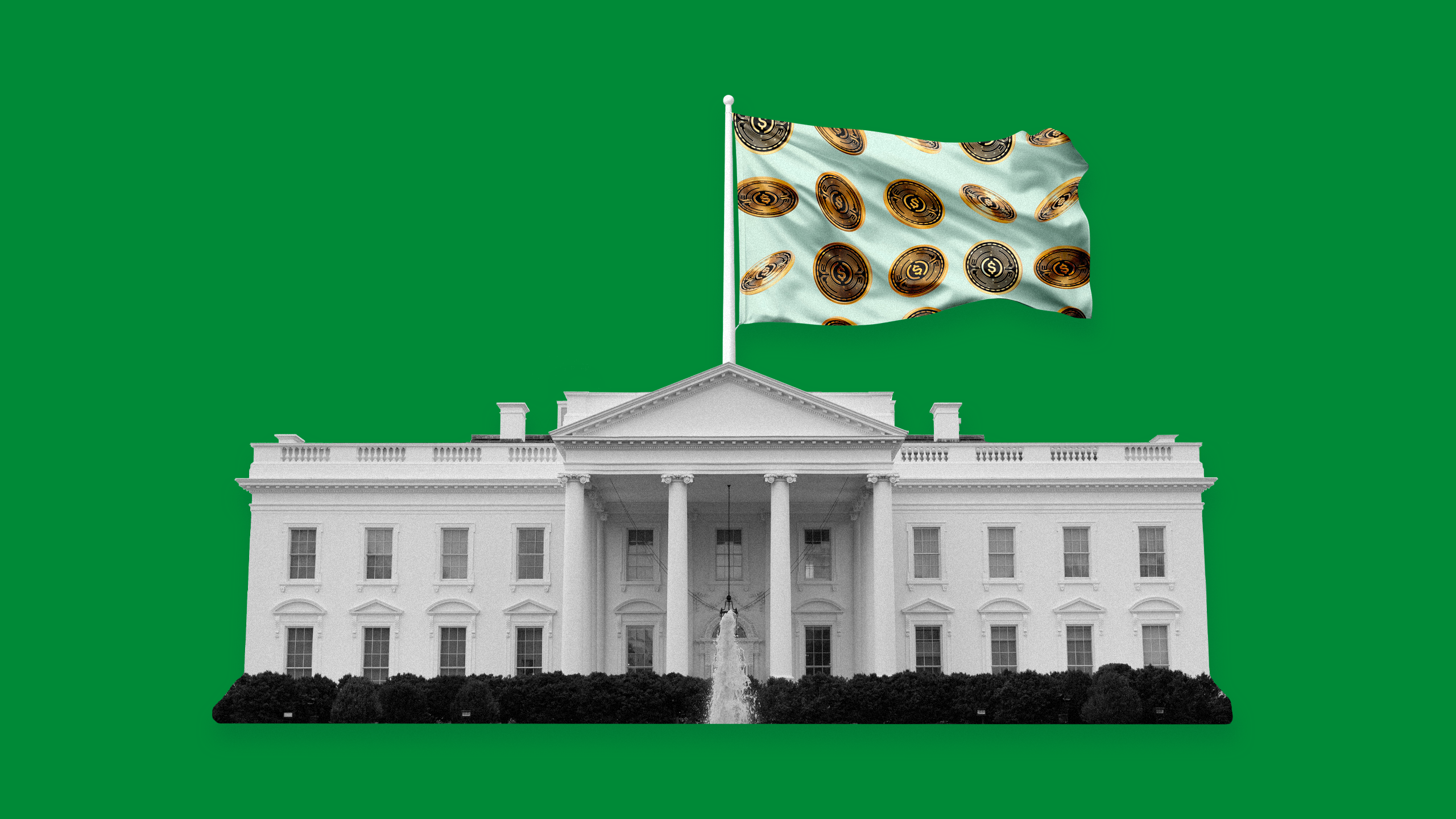 Photo illustration of the White House waving a stablecoin flag