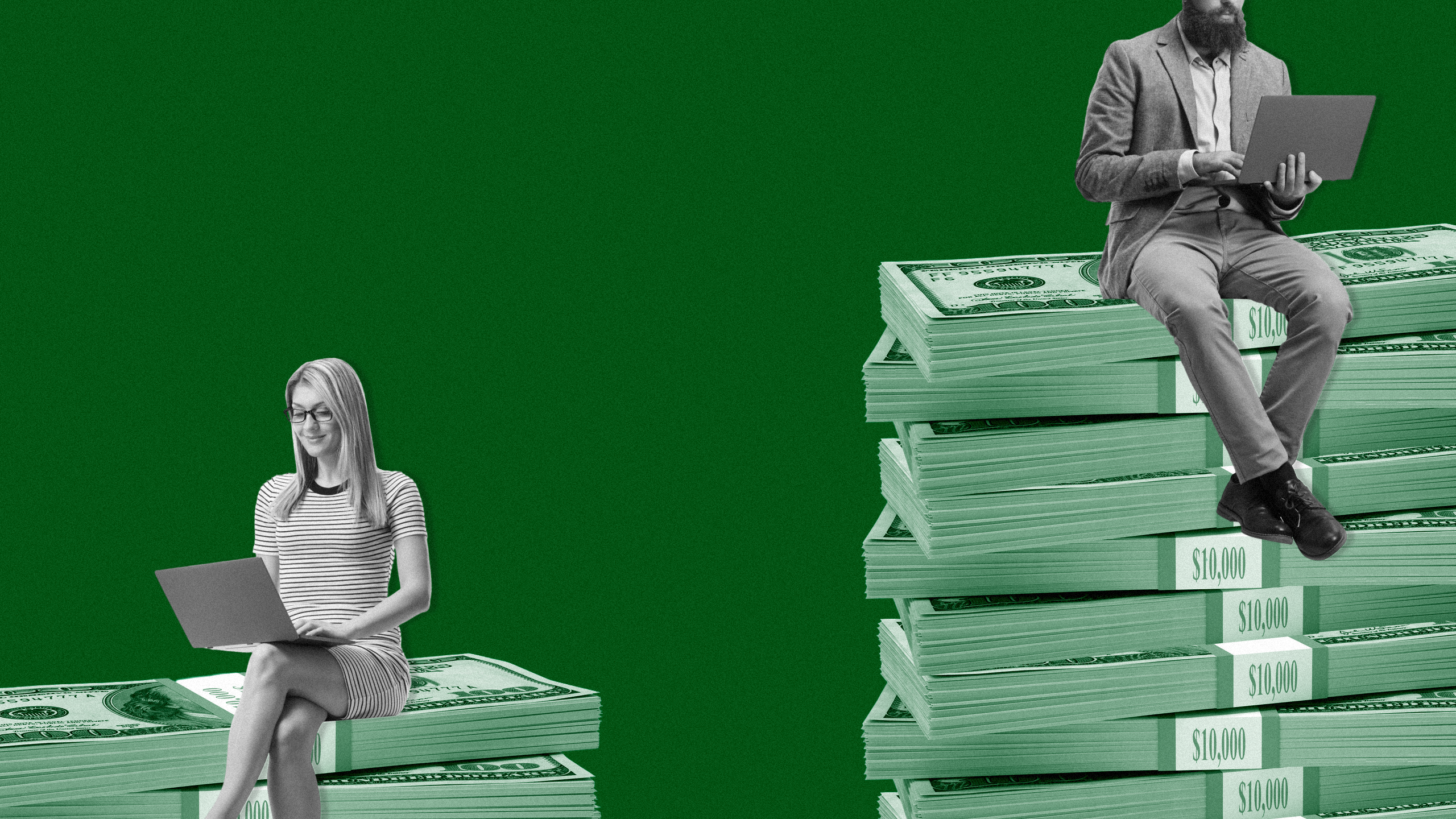 Photo illustration of a woman sitting on a stack of money, and a man sitting on a larger stack of money
