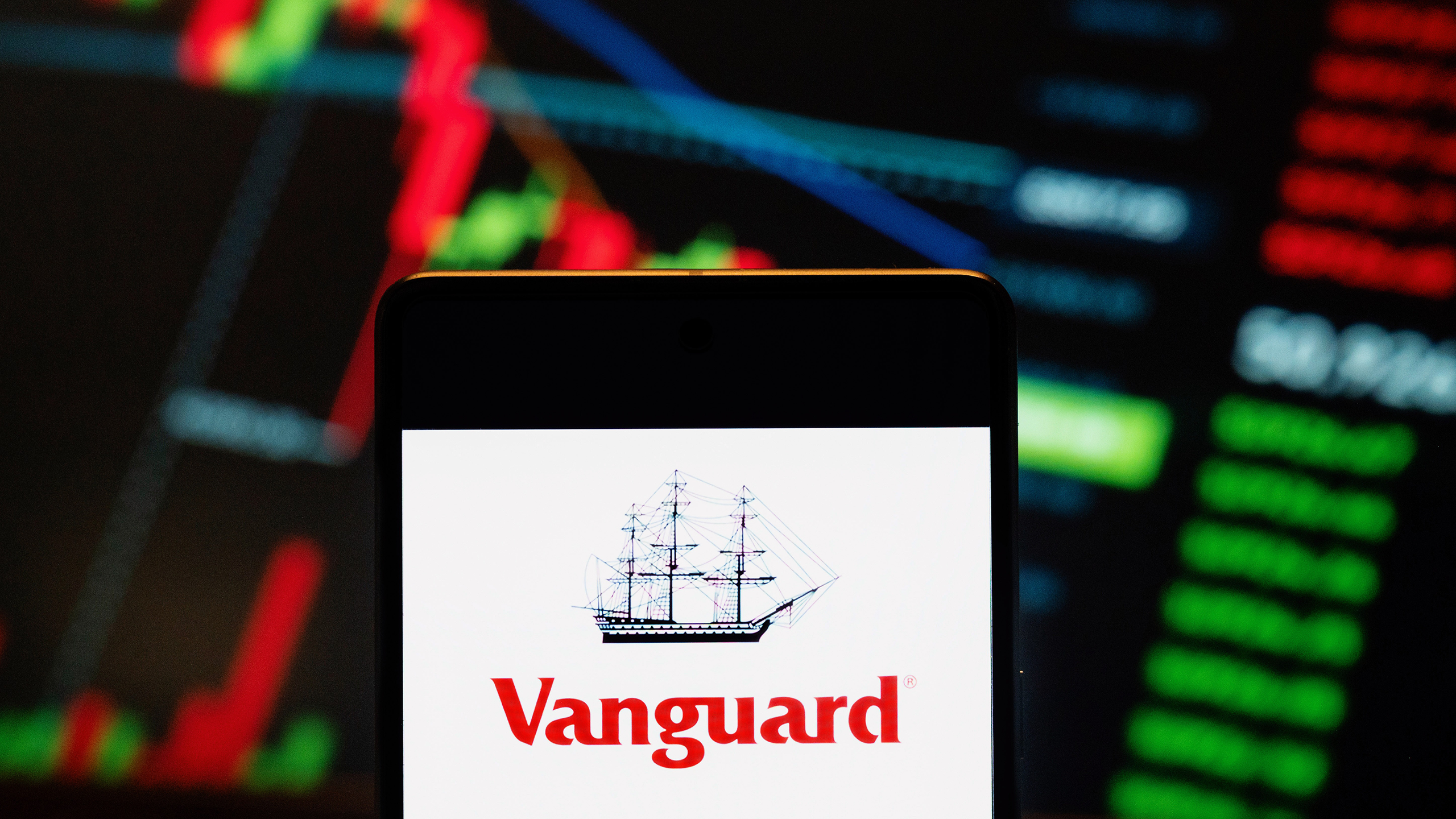 Photo of the Vanguard logo on a phone