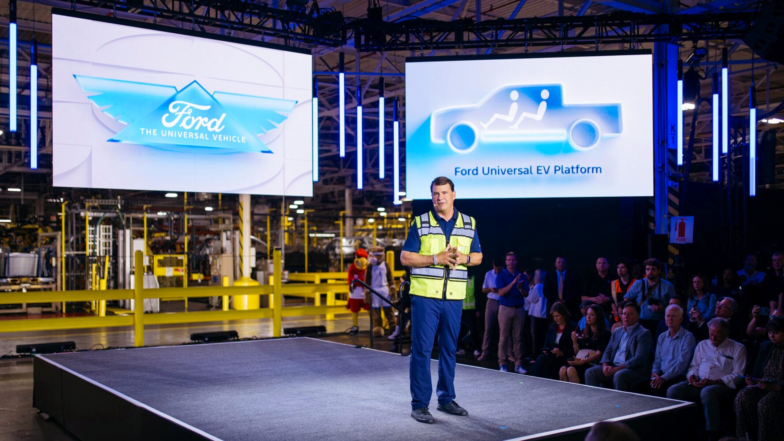 Ford President and CEO Jim Farley speaks at Louisville Assembly Plant as the company shares its plans to design and assemble breakthrough electric vehicles in America on August 11, 2025.