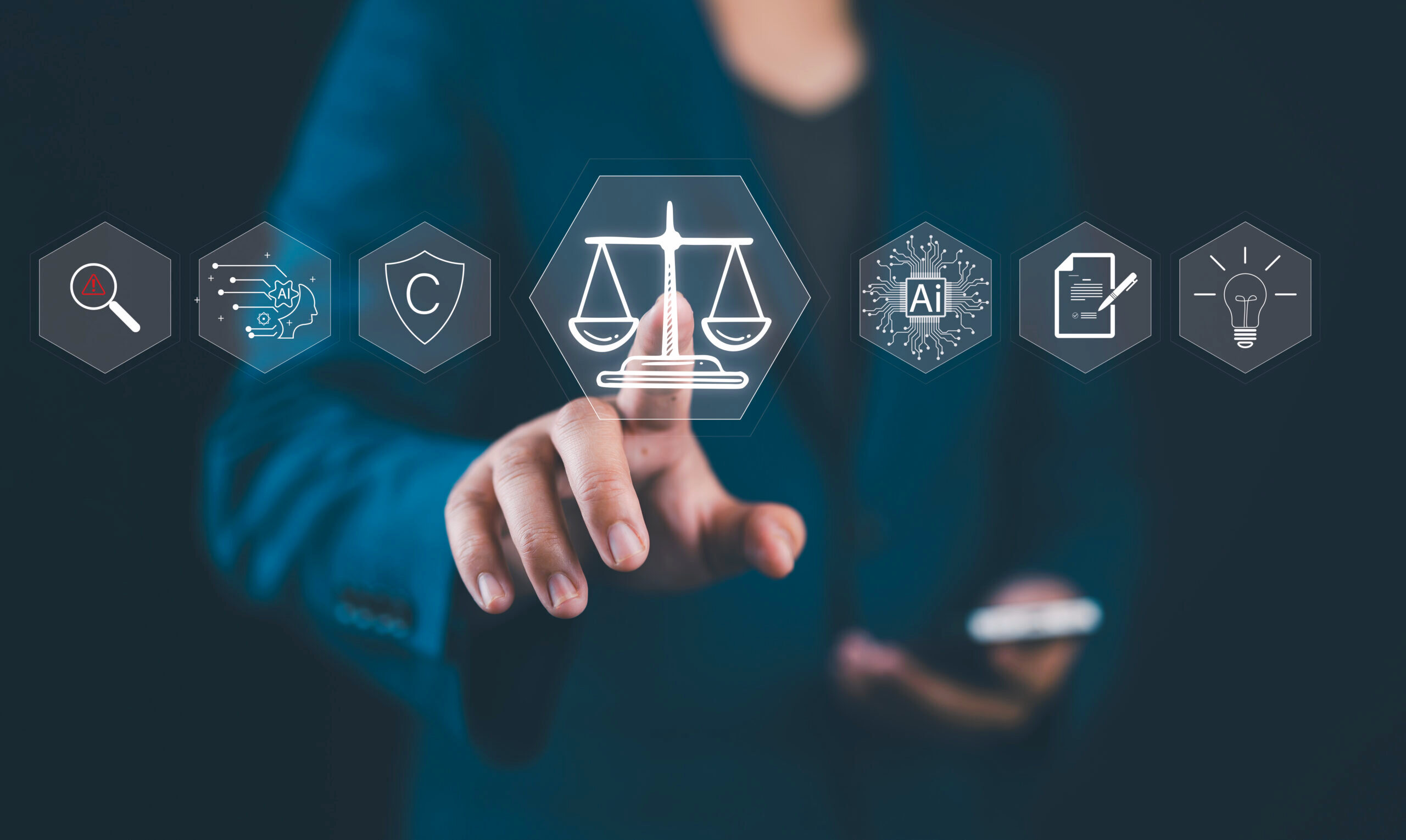 AI Laws and Regulations Concept. Man touches digital icons represent justice, AI, copyright, and regulations, symbolizing intersection of law and artificial intelligence.