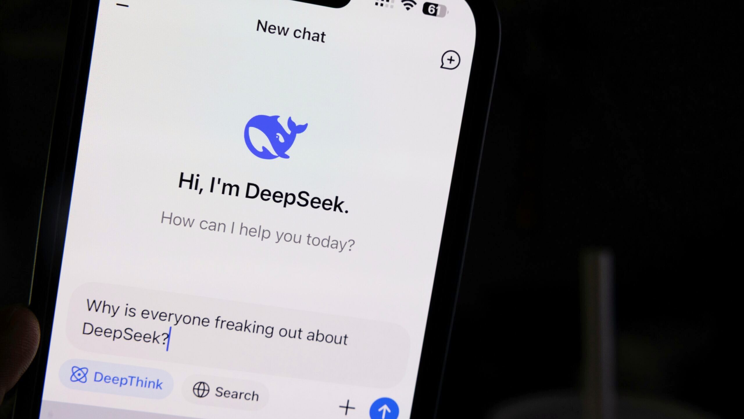An iPhone shows the DeepSeek chatbot app opened on its screen.