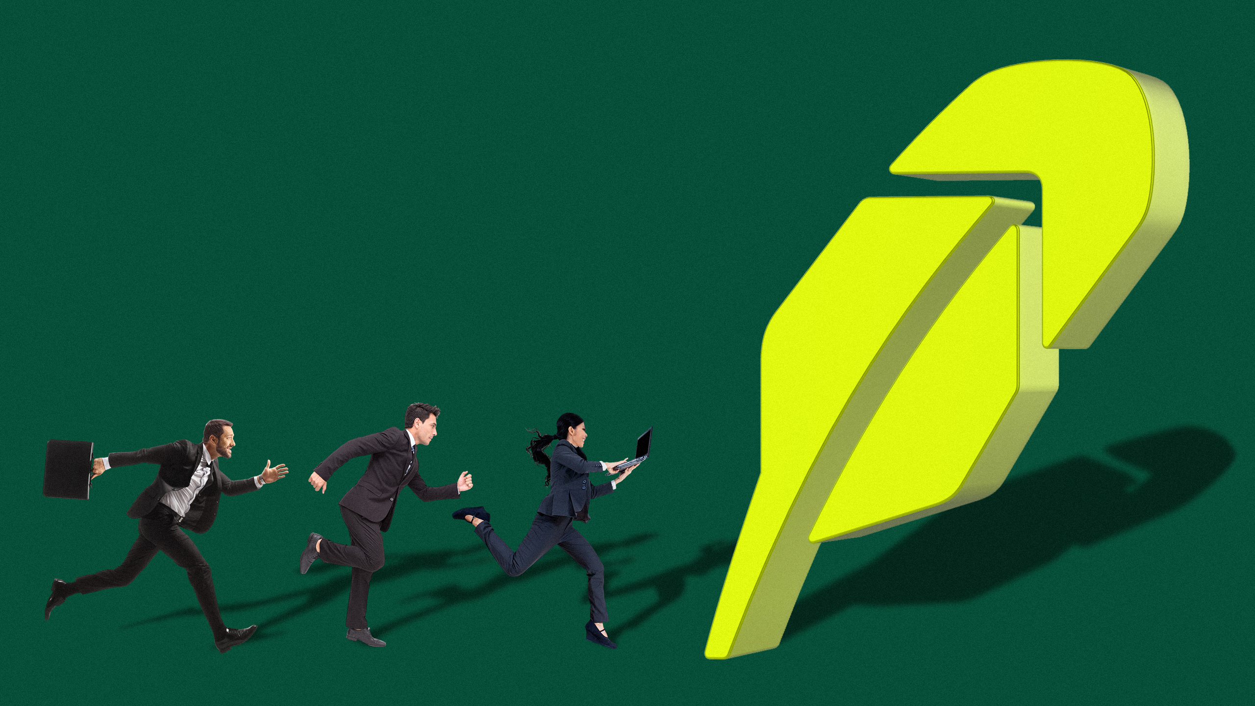Photo illustration of three business people running toward a large 3D Robinhood logo
