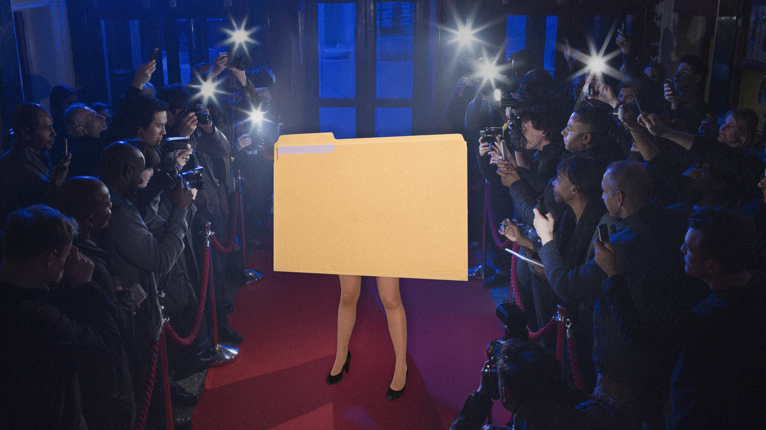 Photo illustration of a portfolio folder being photographed on a red carpet