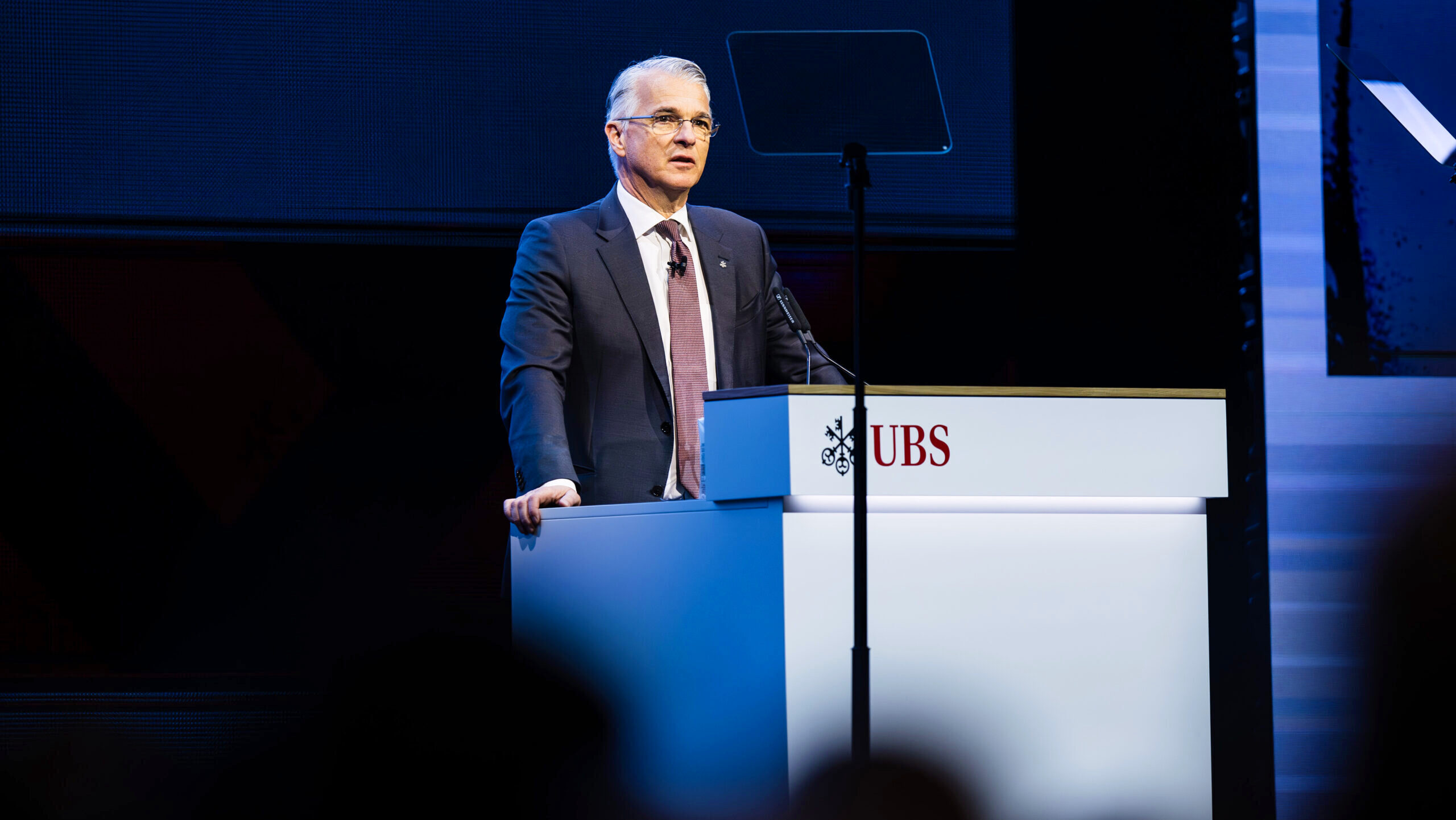 UBS CEO Sergio Ermotti delivers a speech to an audience at an event in Luzern, Switzerland.