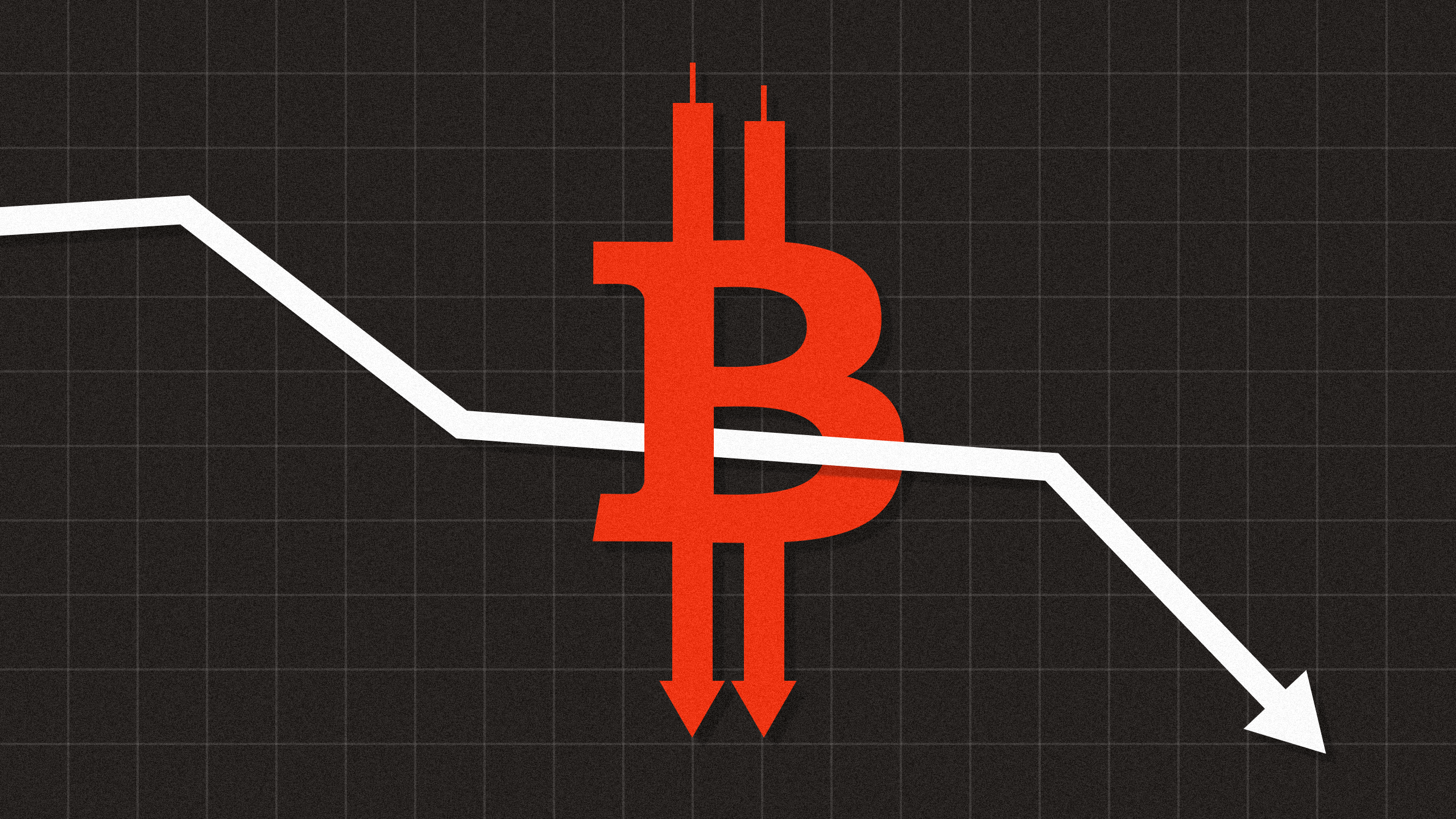 Photo illustration of a Bitcoin symbol with downward pointing arrows