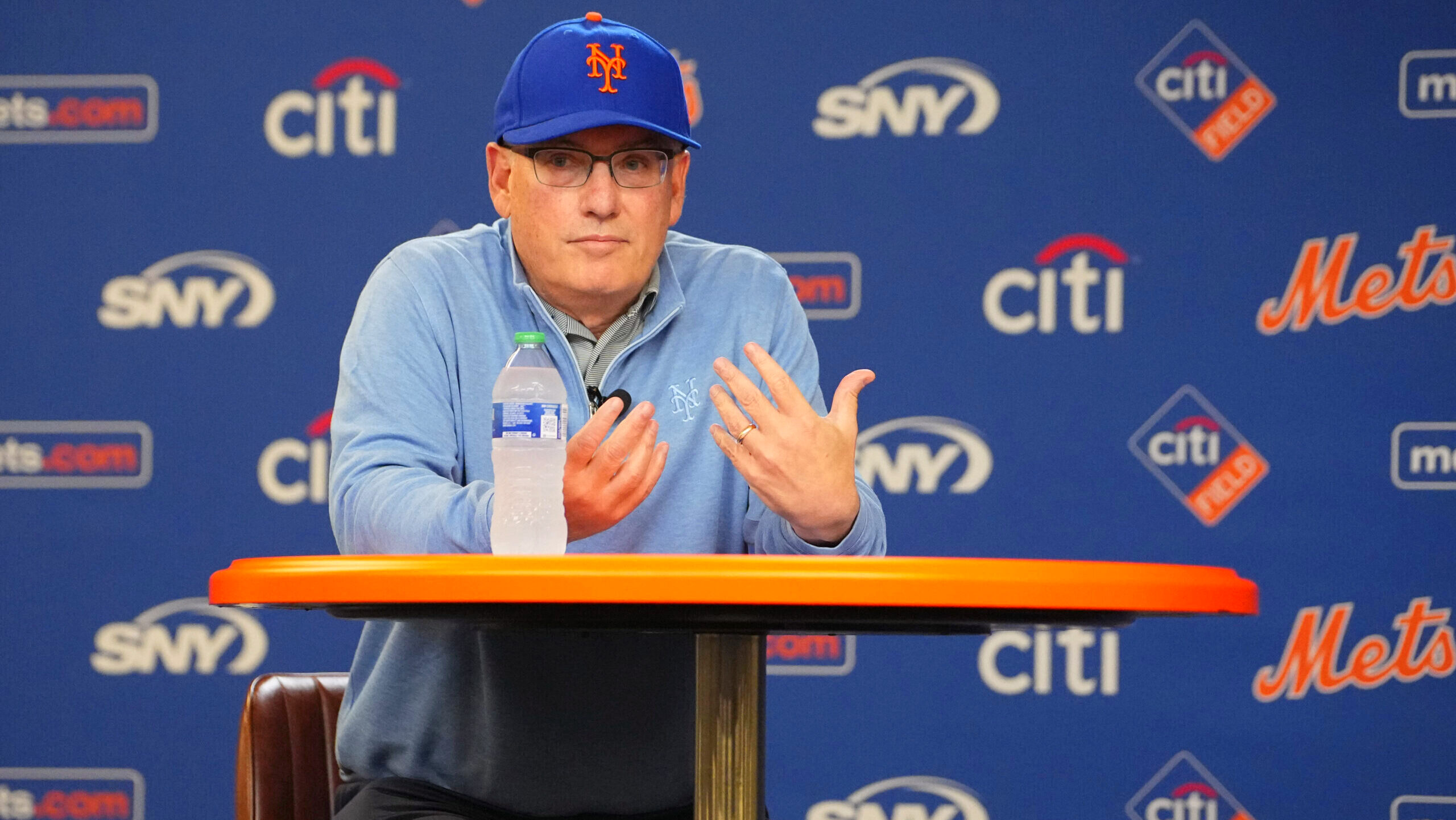 New York Mets owner, Steve Cohen speaks during a press conference prior to the Major League Baseball game between the Milwaukee Brewers and New York Mets on June 29, 2023, at Citi Field in Flushing, NY.