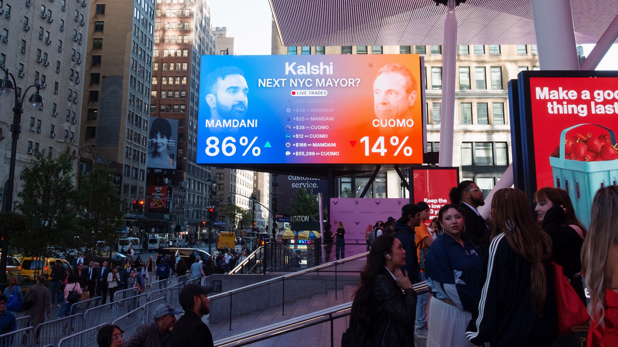Kalshi New York City Mayor's Race advertisement board in front of Madison Square Garden, New York City
