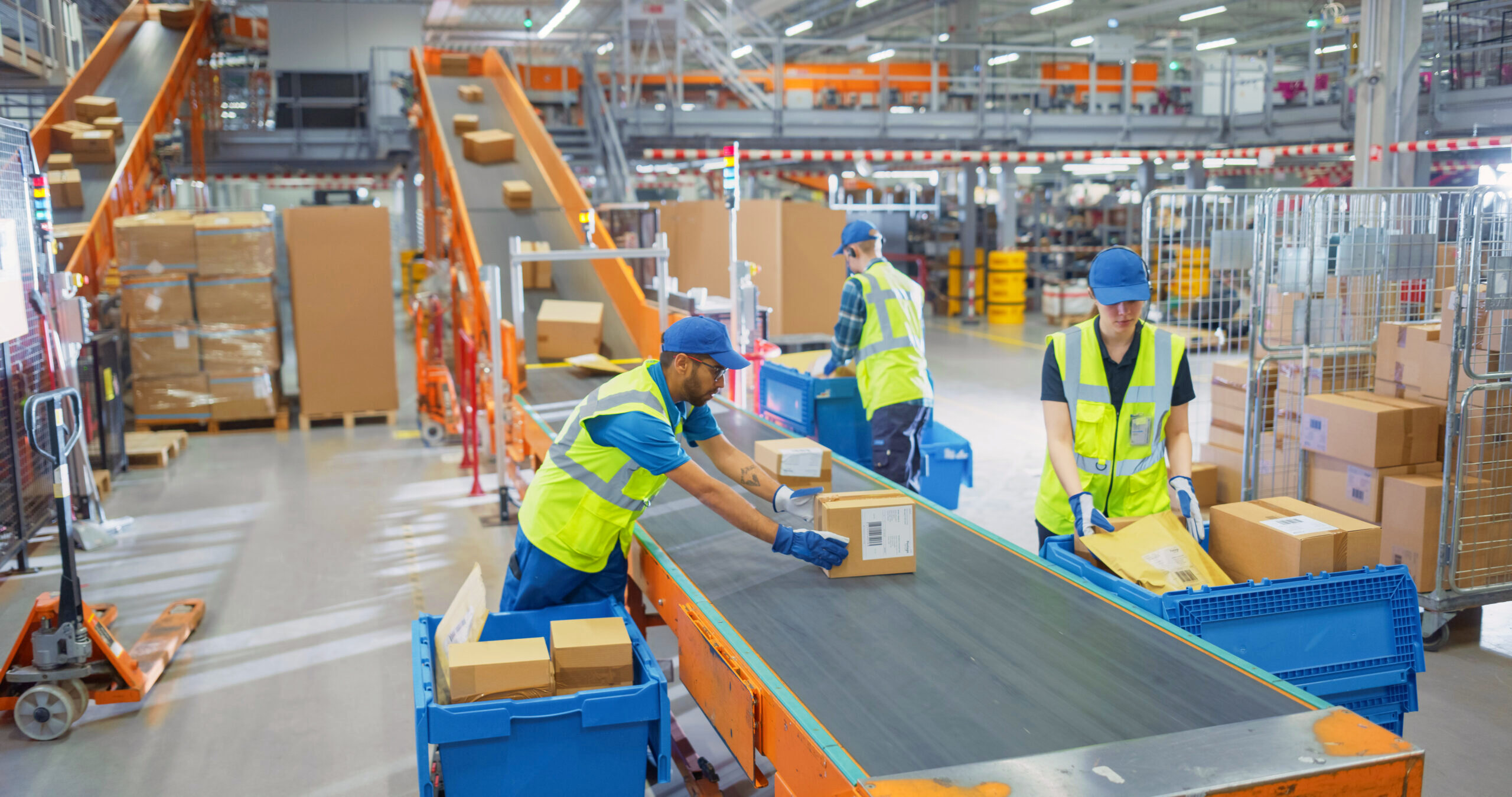 Workers at a warehouse organize parcels on a conveyer belt.