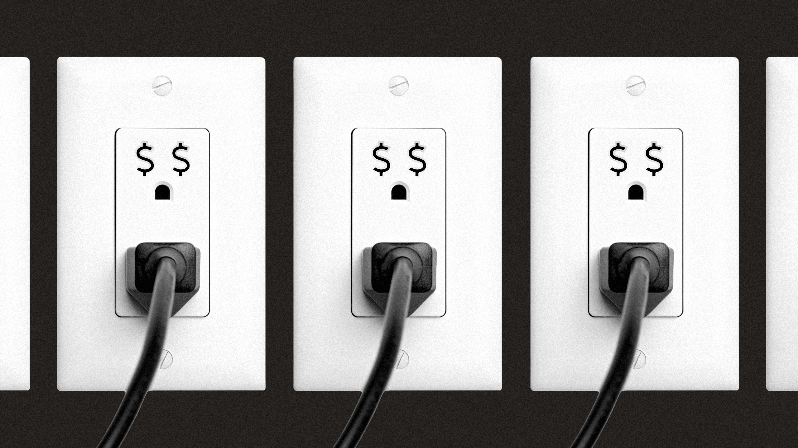 Photo illustration of power outlets with dollar sign shaped prongs