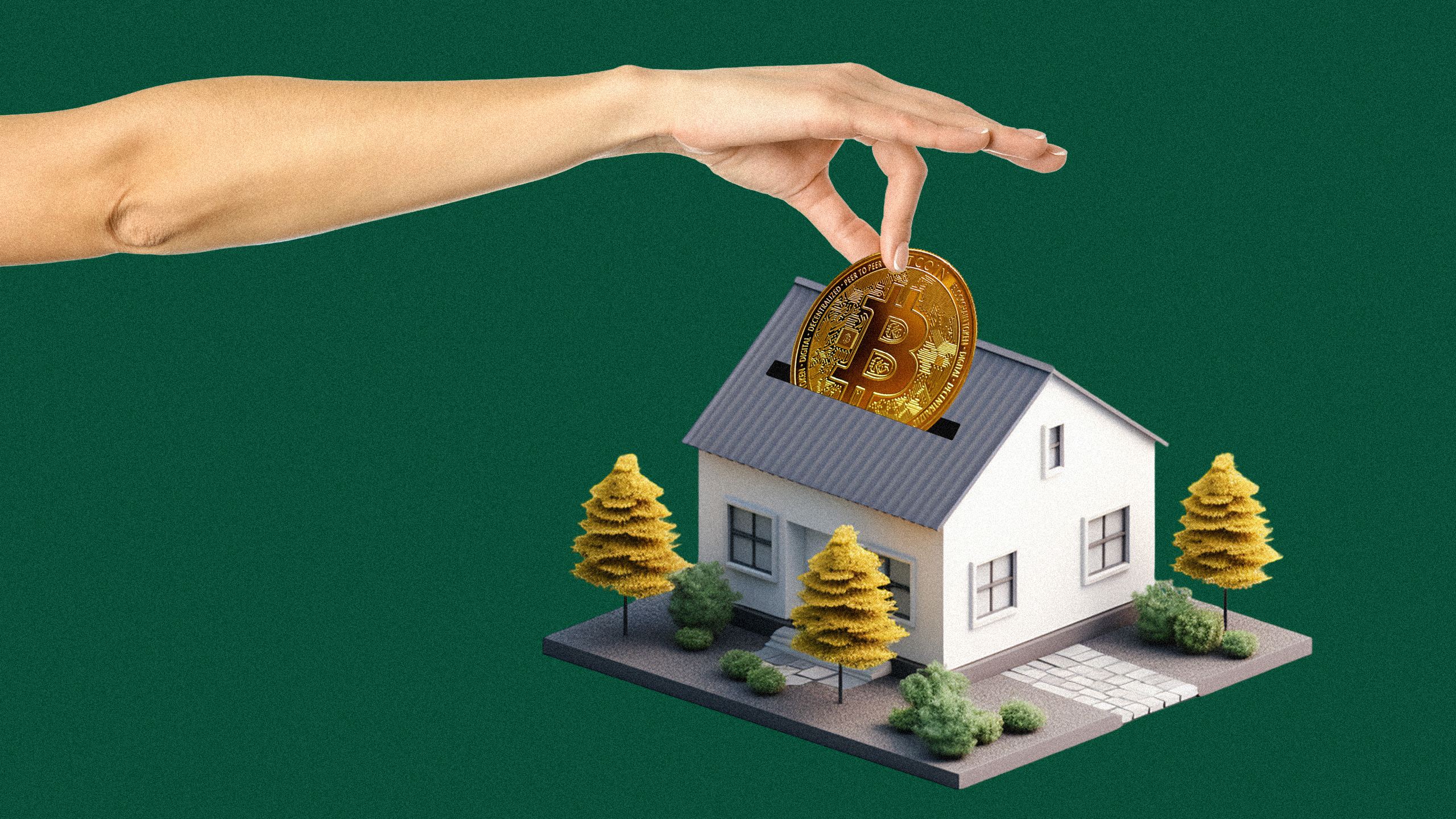 Photo illustration of a hand slotting a Bitcoin into a house