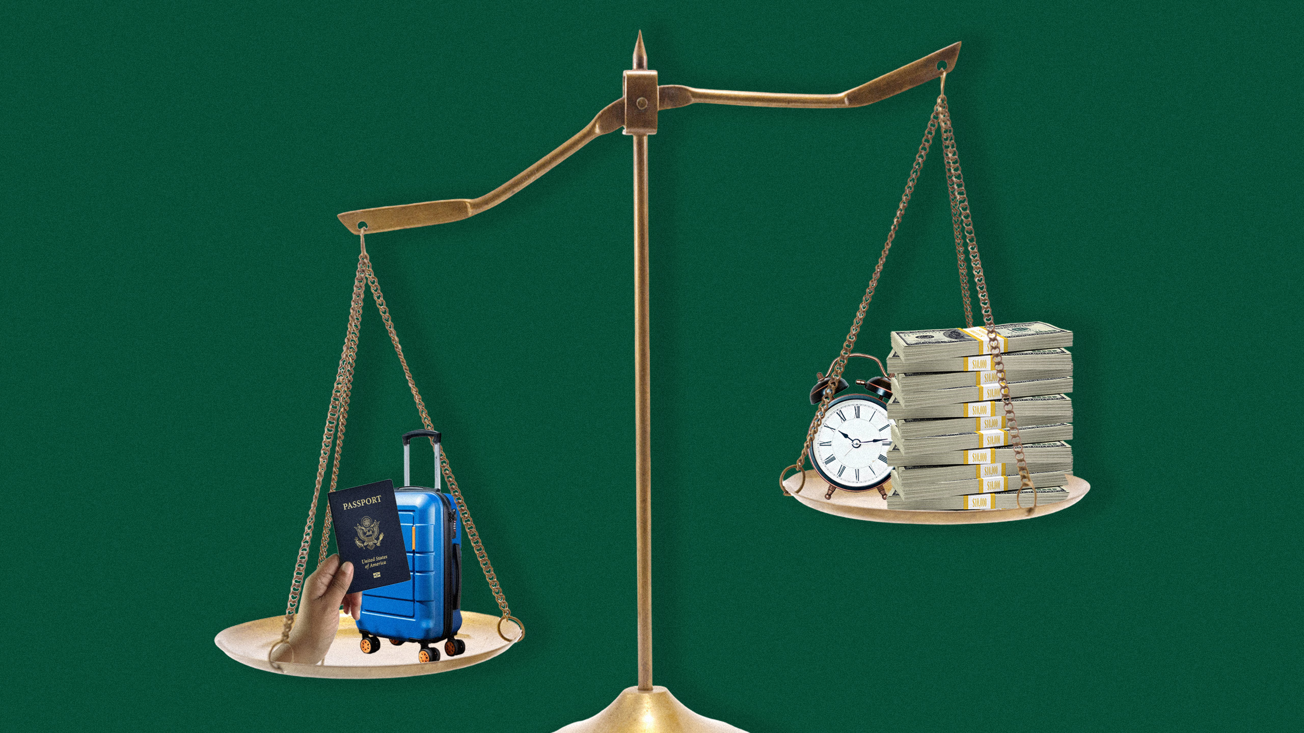 Photo illustration of a scale with travel on one side and time/money on the other