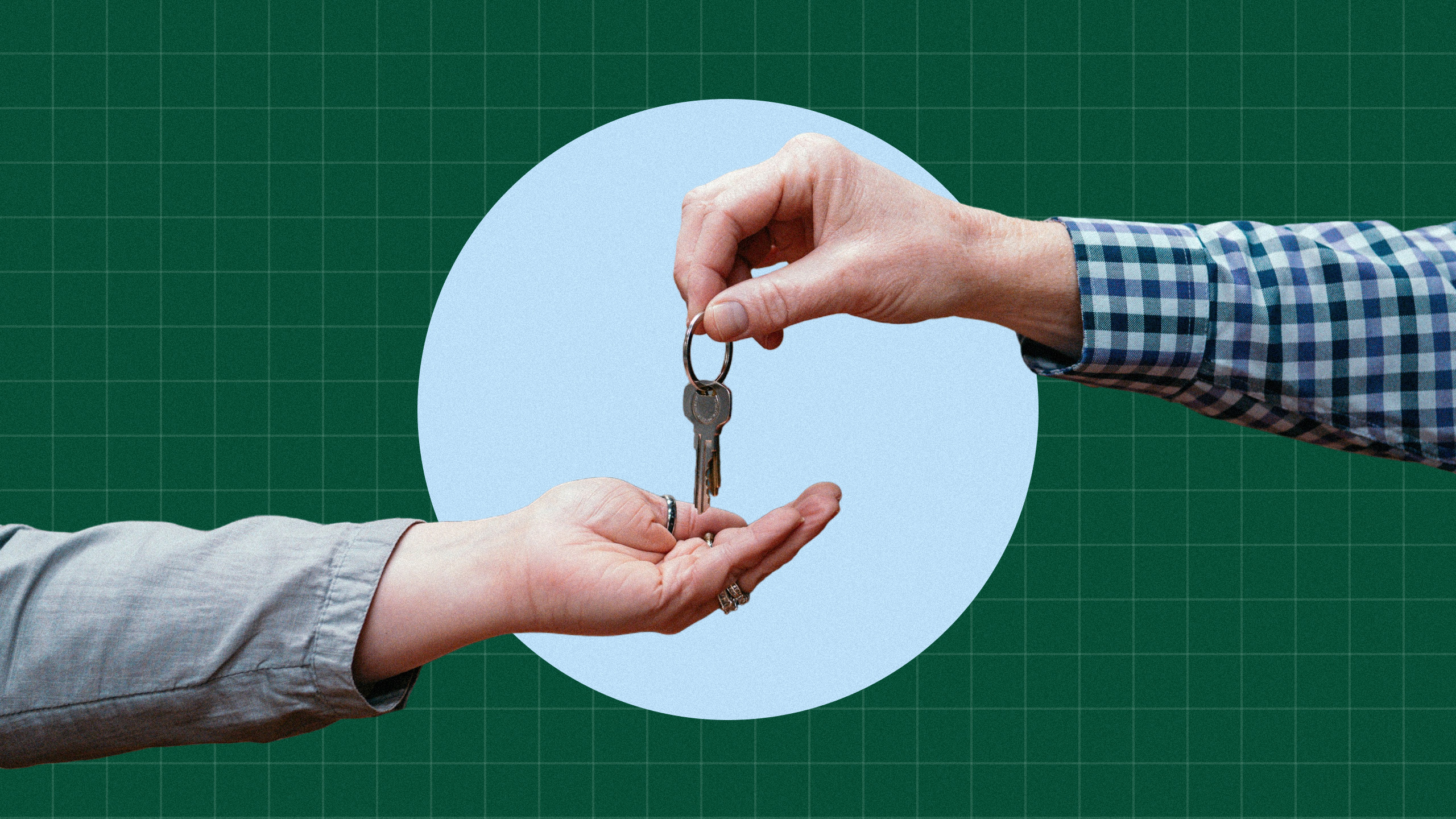 Photo illustration of two hands exchanging keys