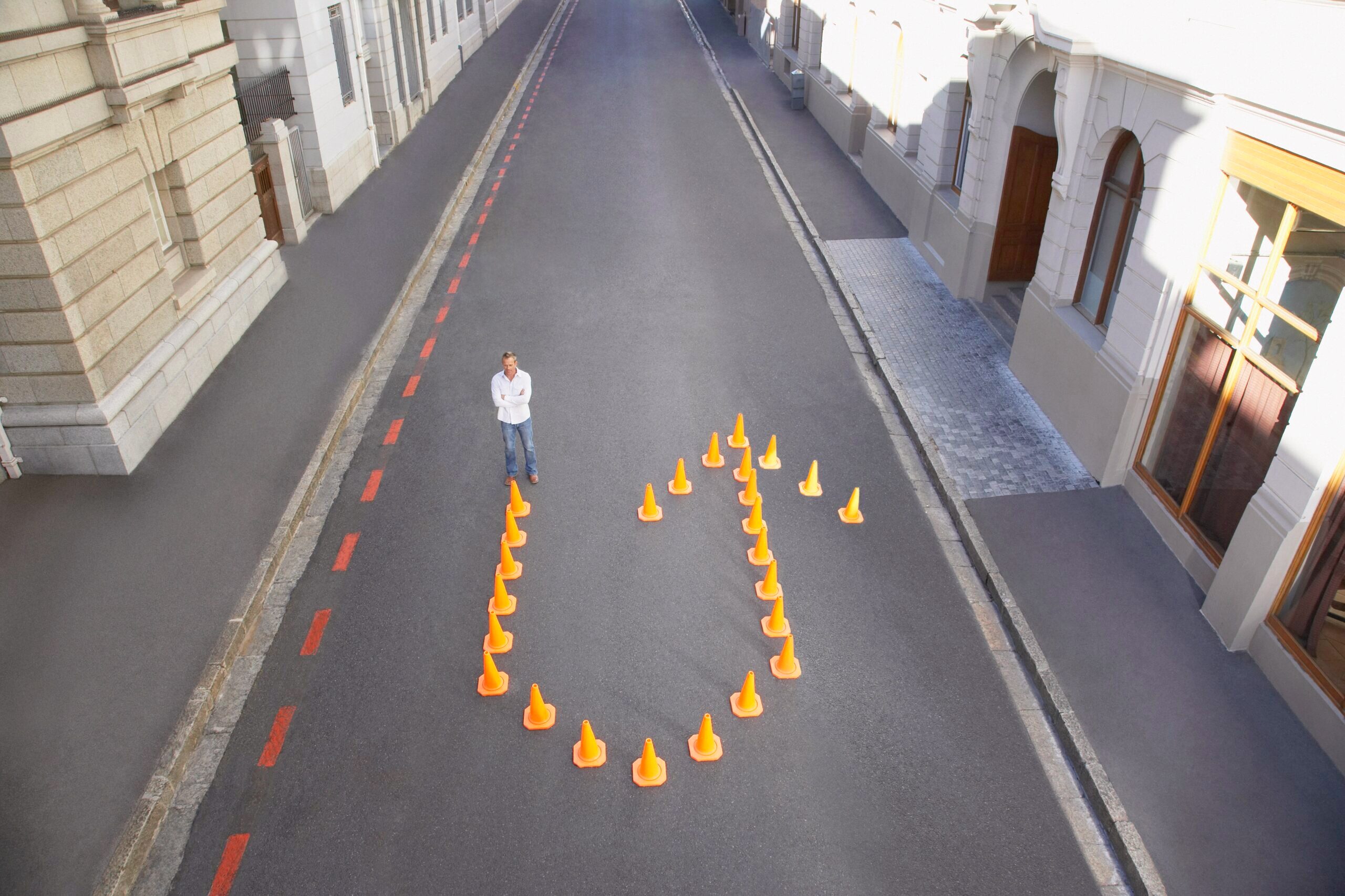 Cones in the shape of a turning arrow.