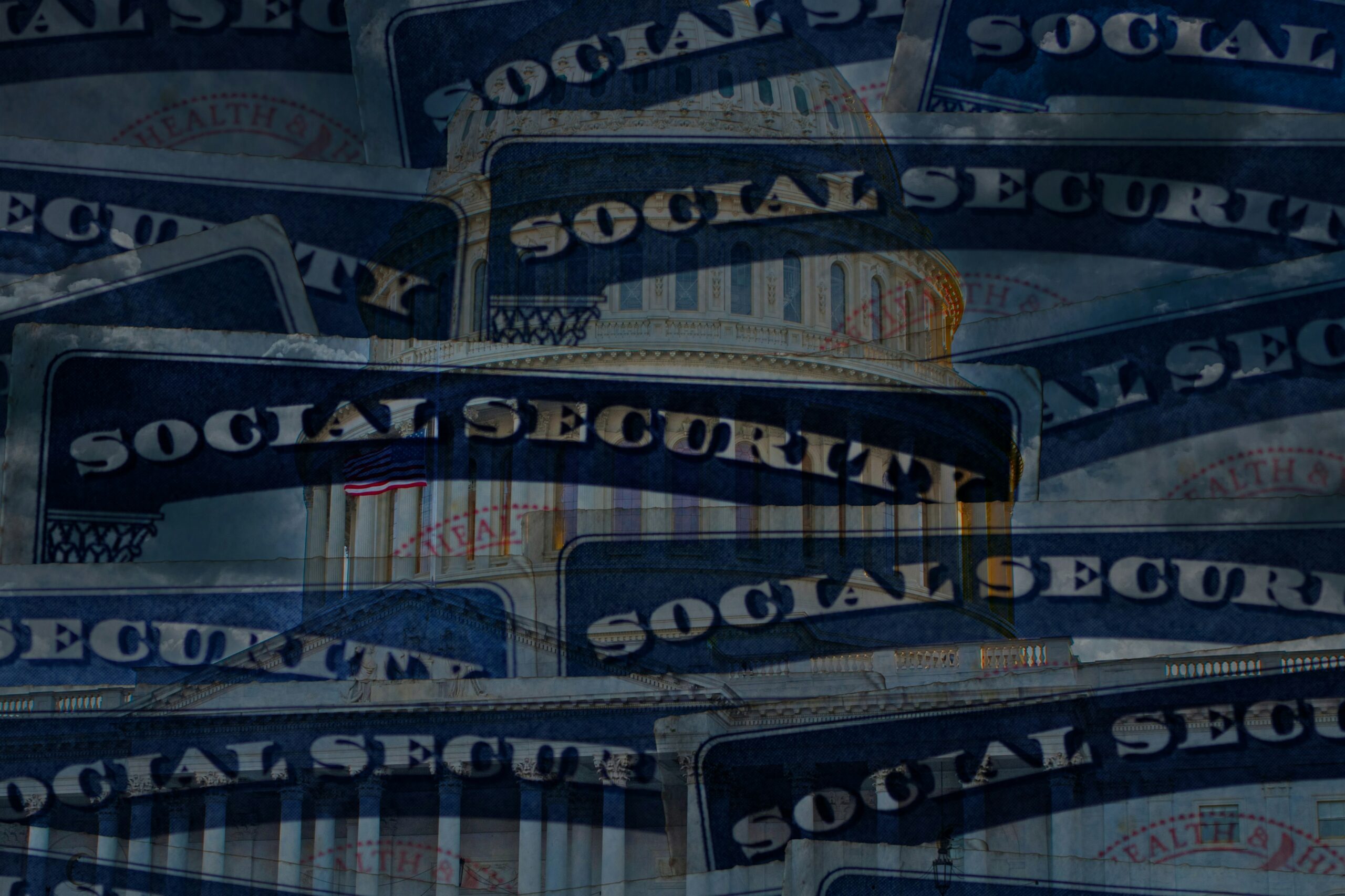 Abstract photo showing the Congressional building and Social Security cards.