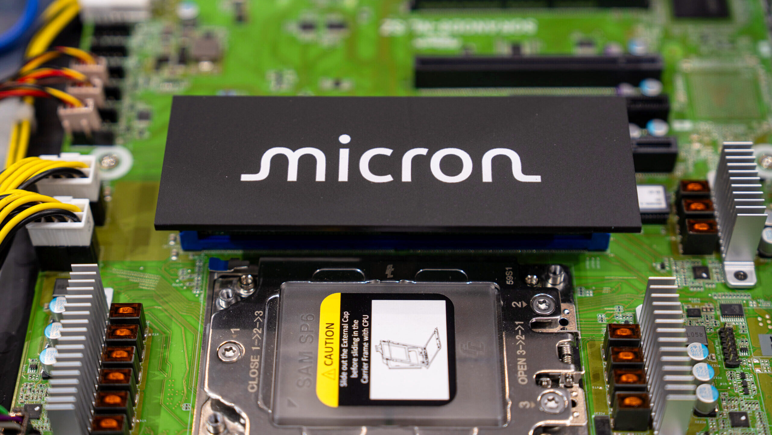 Photo of a Micron logo on a computer board.