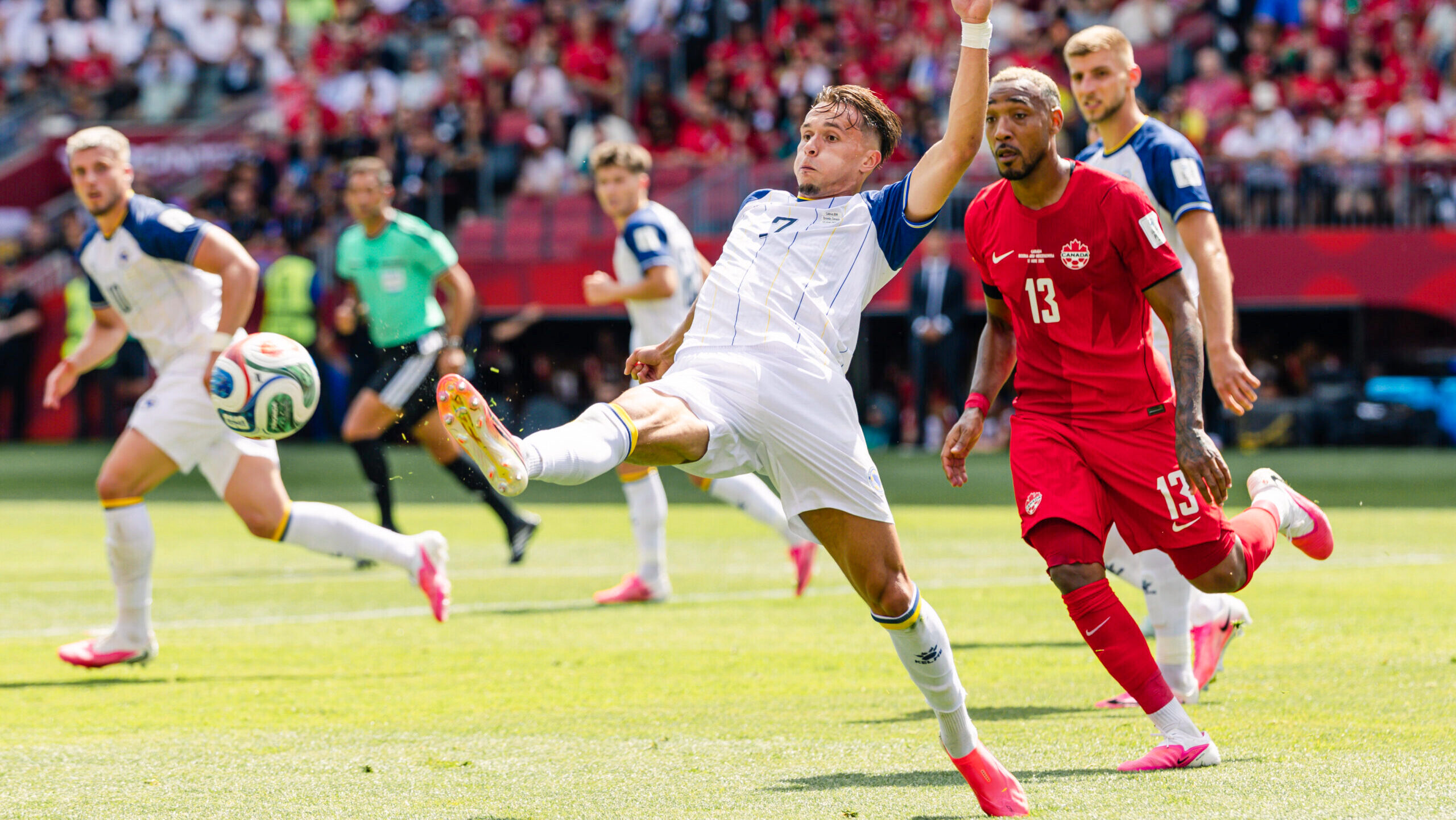 Amar Dedić of Bosnia and Herzegovina is shown in action during the FIFA World Cup game between Canada and Bosnia and Herzegovina.